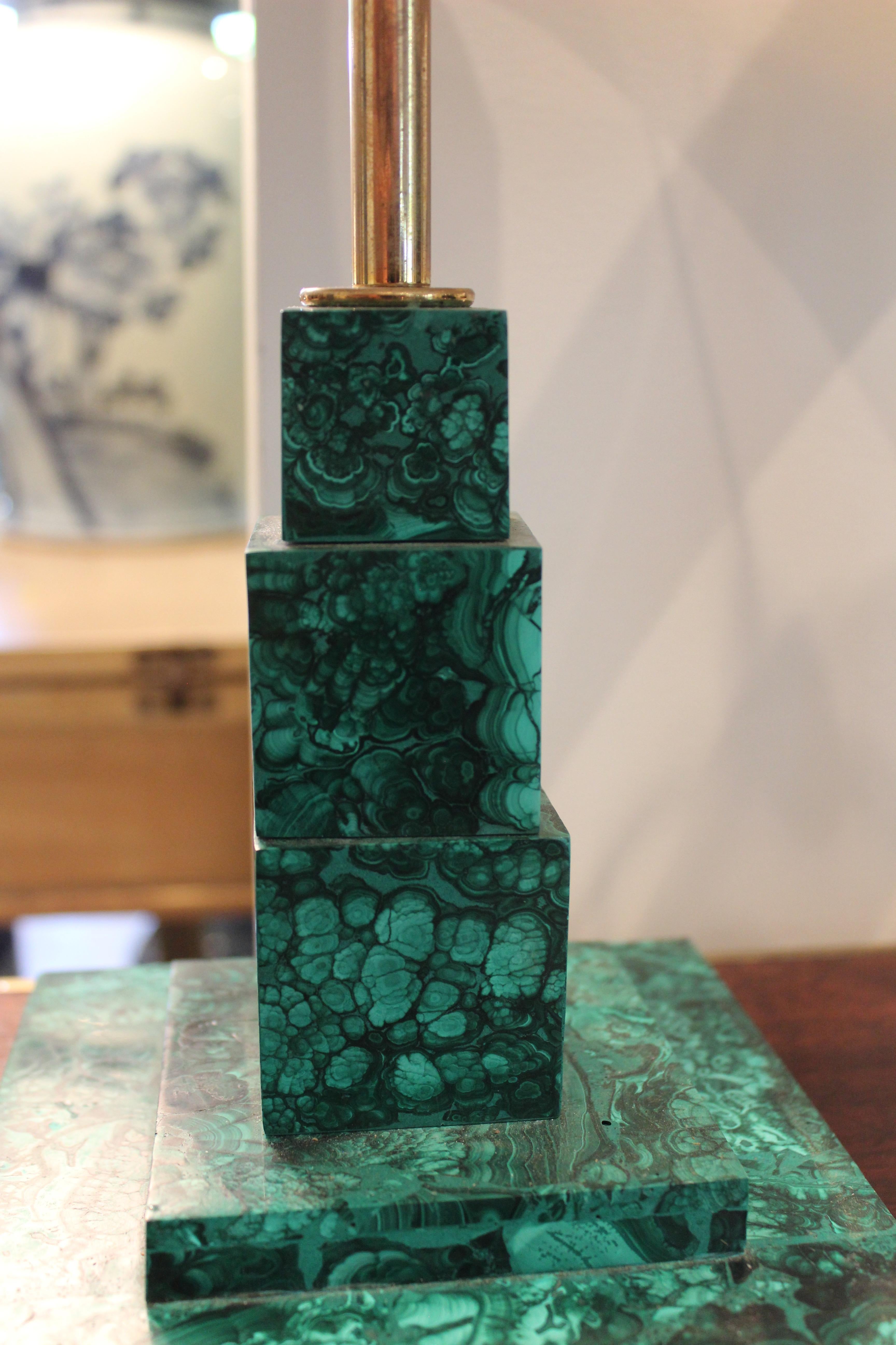 Pair of Square Malachite Table Lamps with Gold Shades For Sale 1