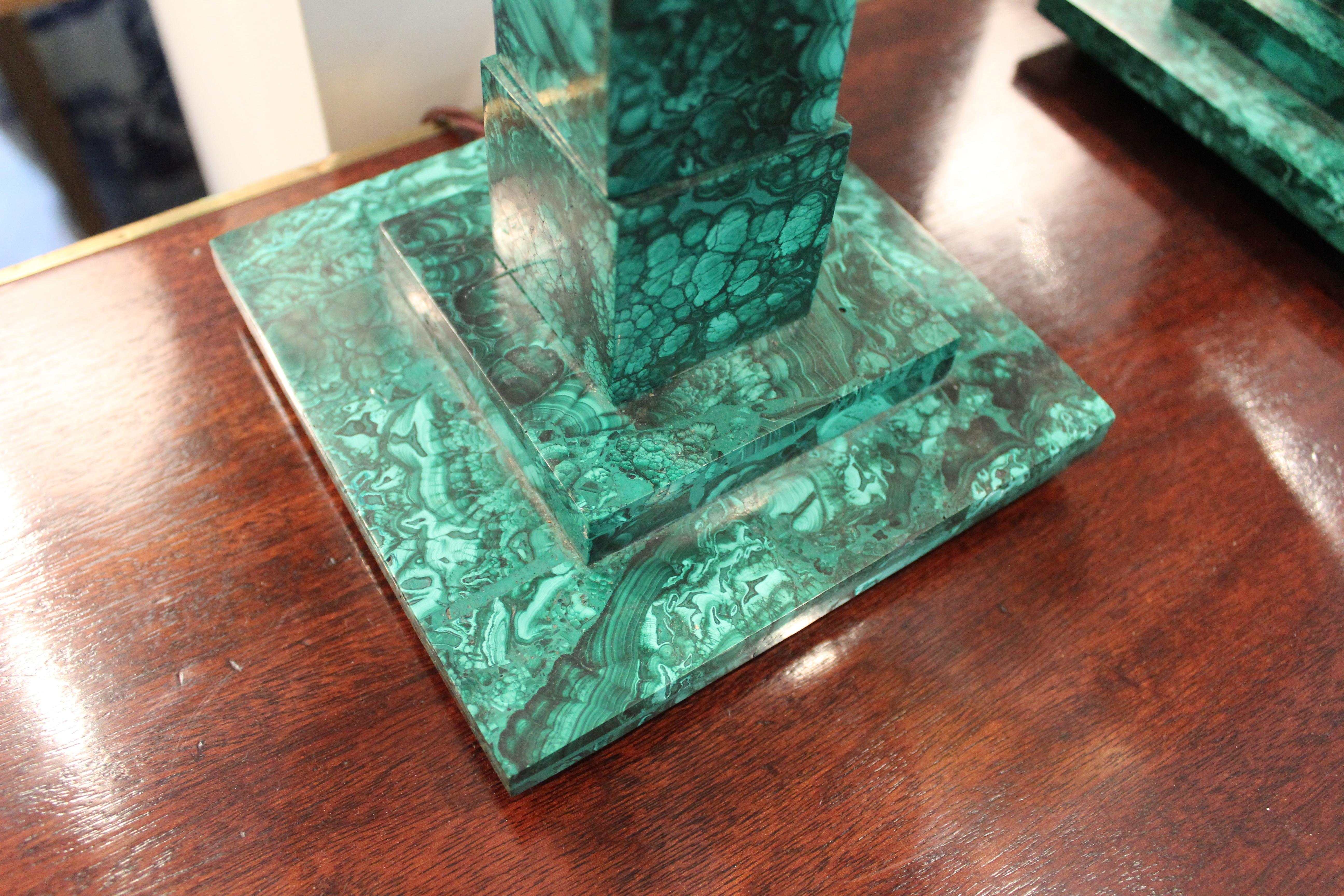 Pair of Square Malachite Table Lamps with Gold Shades For Sale 2