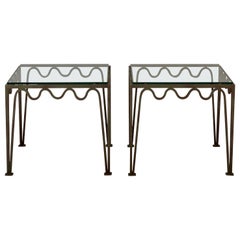 Pair of Square 'Méandre' Verdigris and Glass Side or End Tables by Design Frères