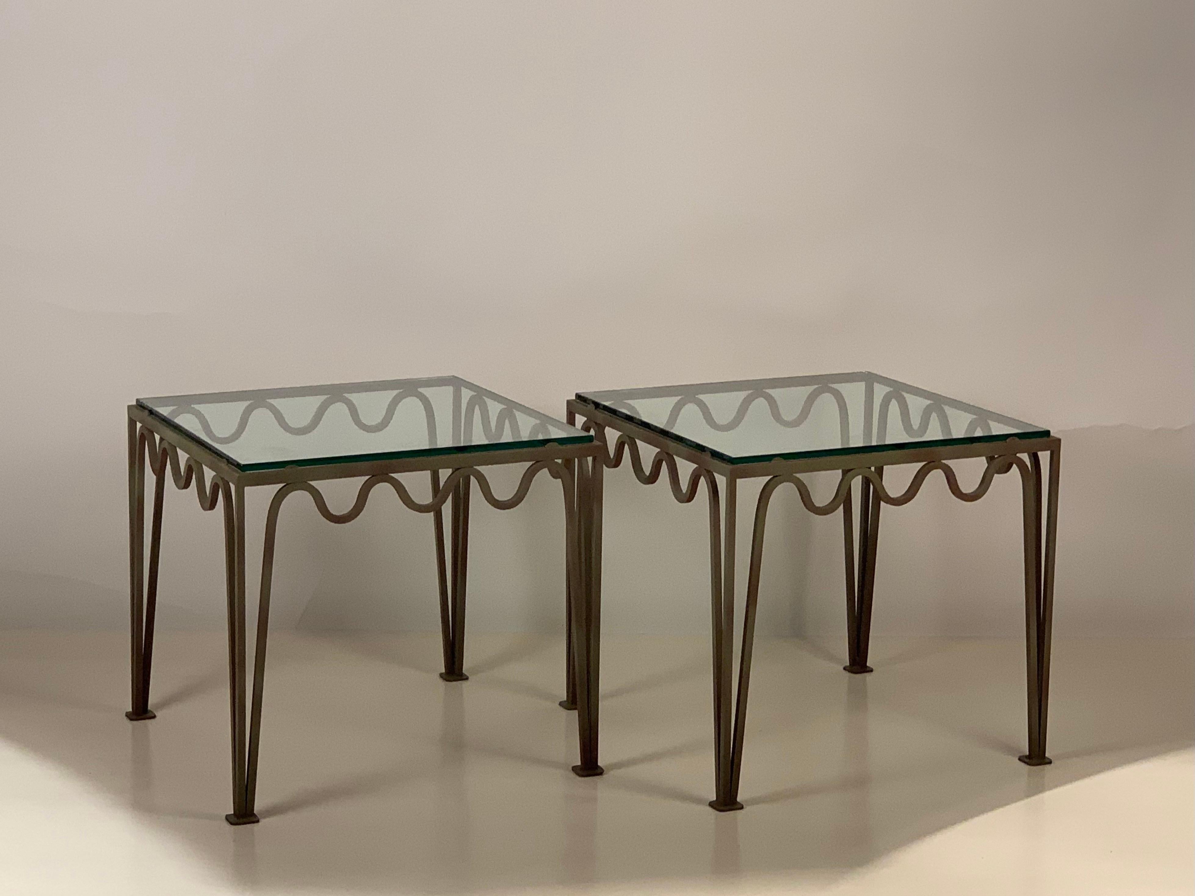 Organic Modern Pair of Square 'Méandre' Verdigris and Glass Side or End Tables by Design Frères For Sale