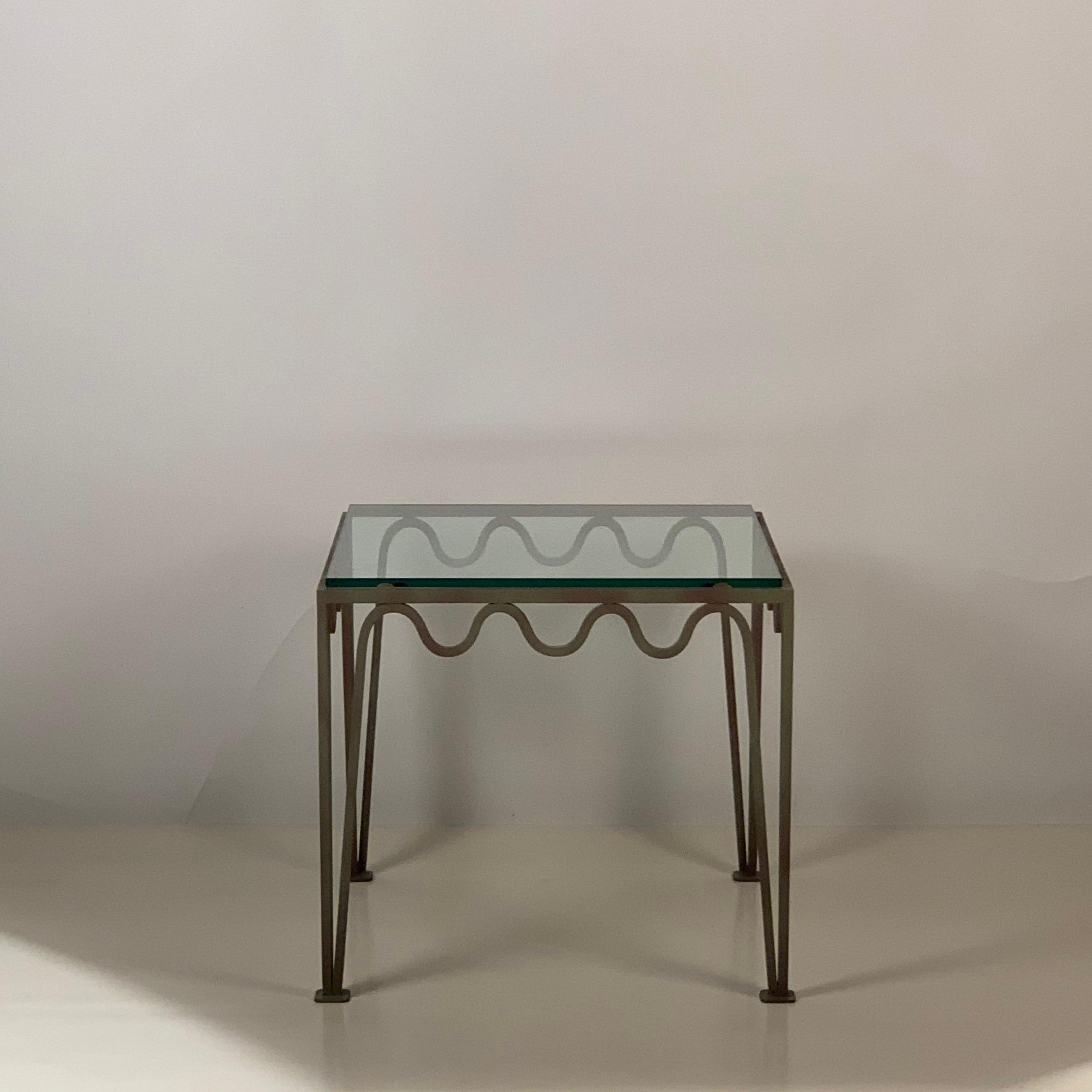 French Pair of Square 'Méandre' Verdigris and Glass Side or End Tables by Design Frères For Sale
