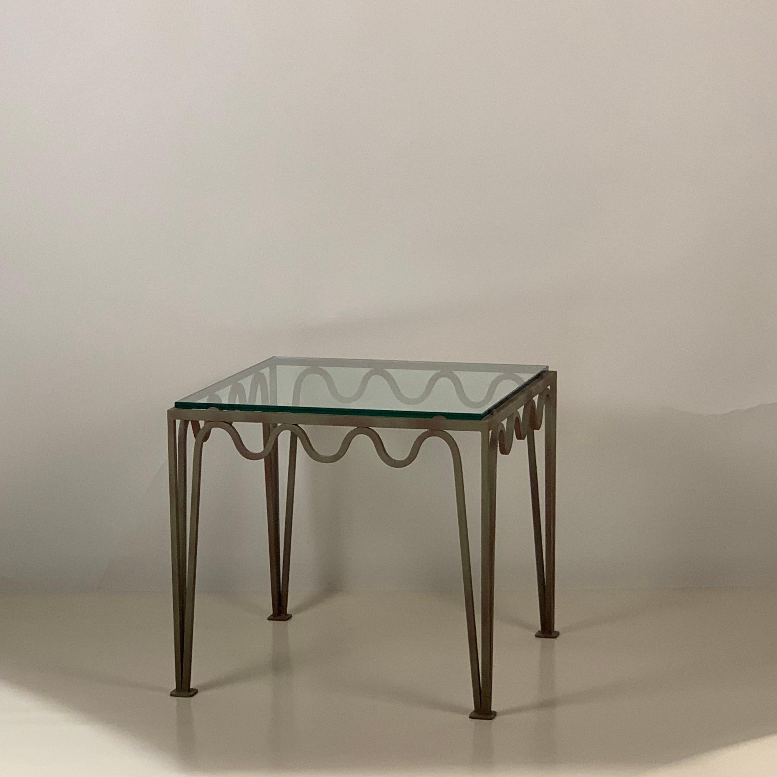 Hand-Painted Pair of Square 'Méandre' Verdigris and Glass Side or End Tables by Design Frères For Sale