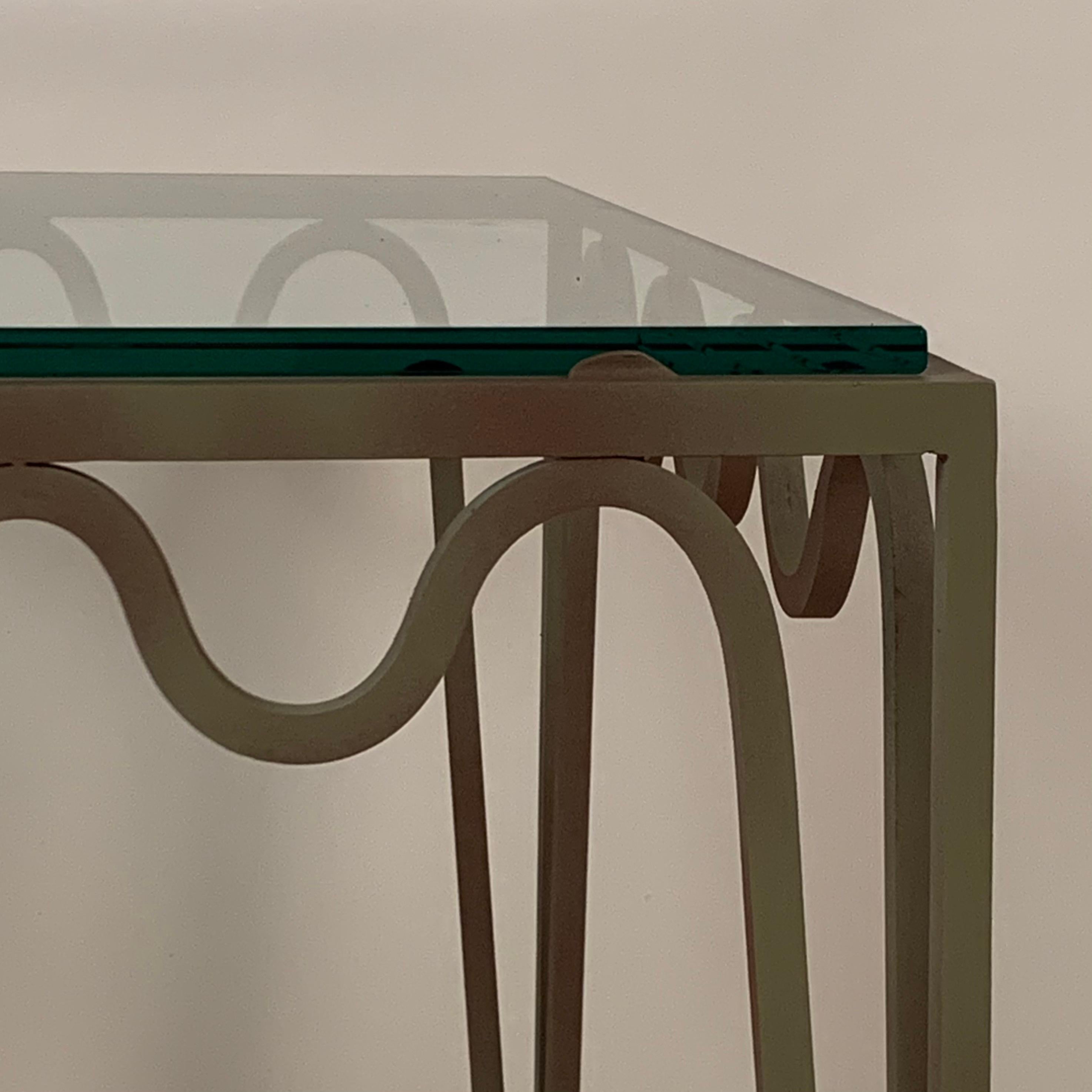 Pair of Square 'Méandre' Verdigris and Glass Side or End Tables by Design Frères In New Condition For Sale In Los Angeles, CA