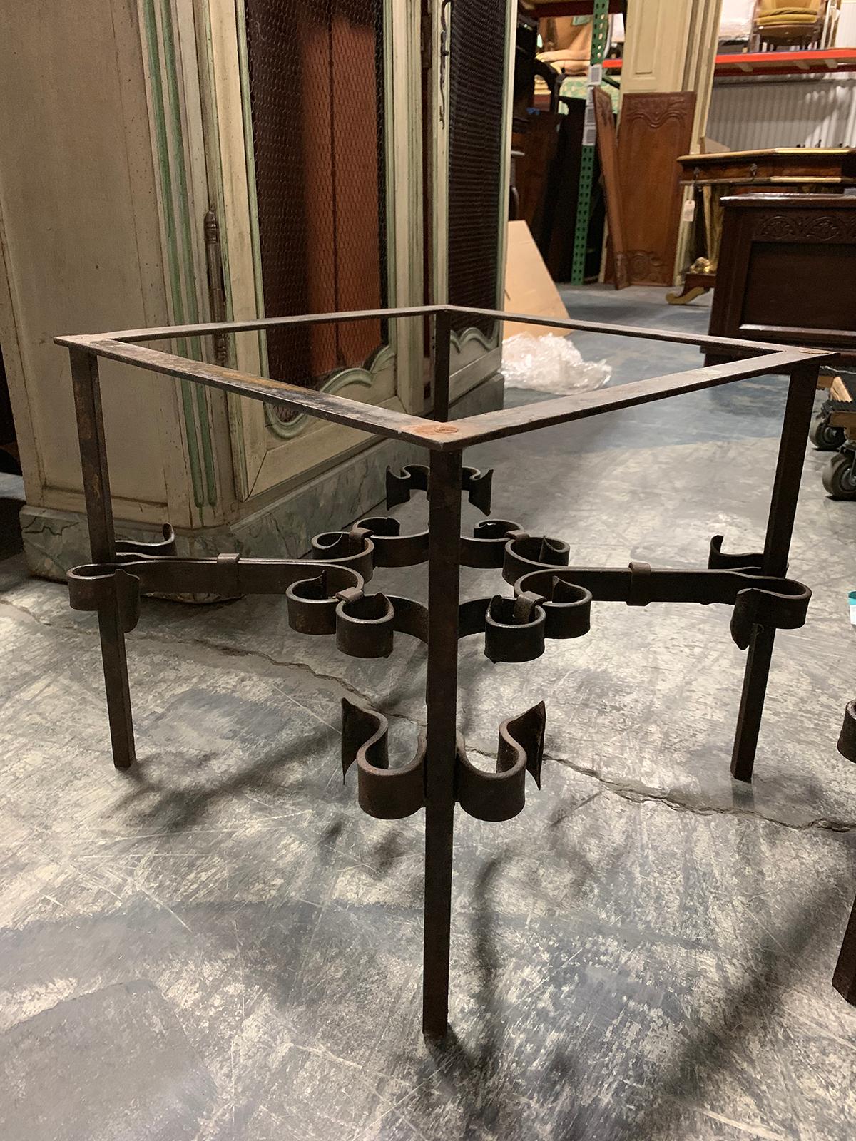 Pair of Square Mid-20th Century Iron Side Tables with Glass Tops In Good Condition In Atlanta, GA