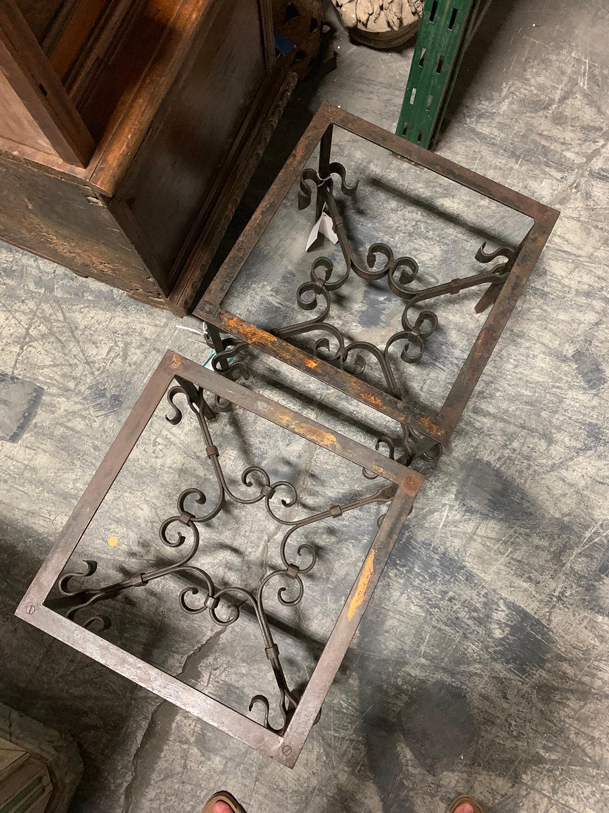 Pair of Square Mid-20th Century Iron Side Tables with Glass Tops 1