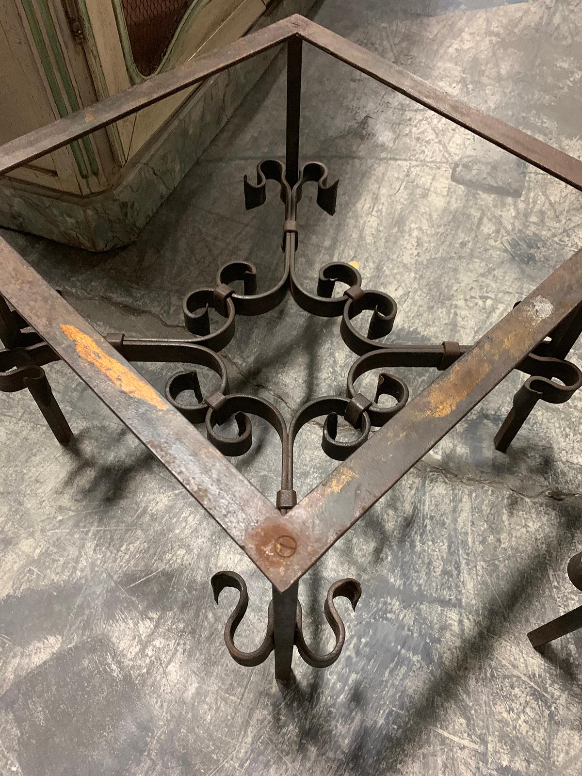 Pair of Square Mid-20th Century Iron Side Tables with Glass Tops 3