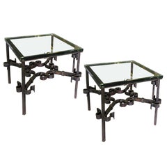 Pair of Square Mid-20th Century Iron Side Tables with Glass Tops