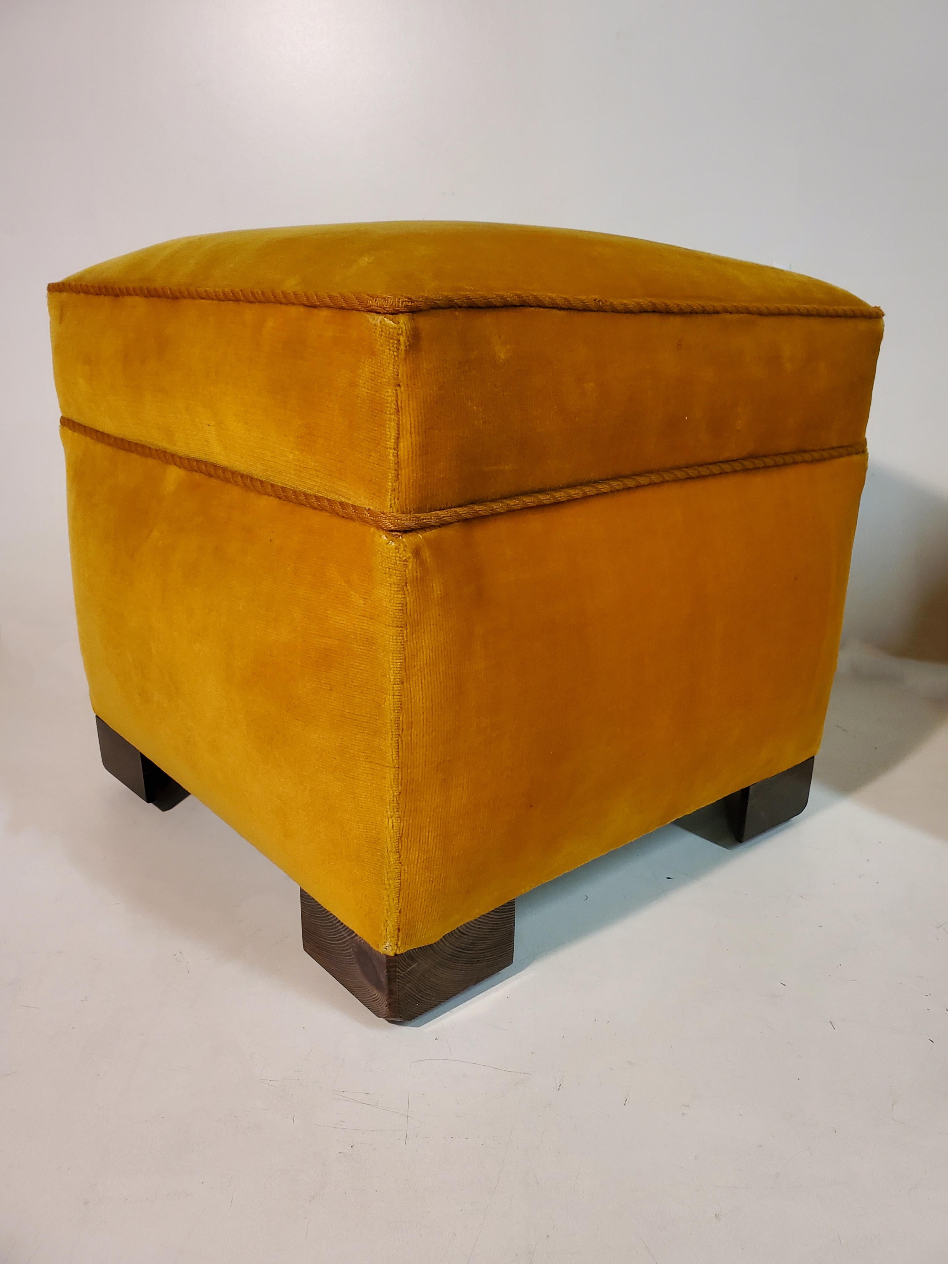 Pair of Square Mid Century Upholstered Ottomans/ Footstools W/ Wooden Cube Feet  For Sale 2