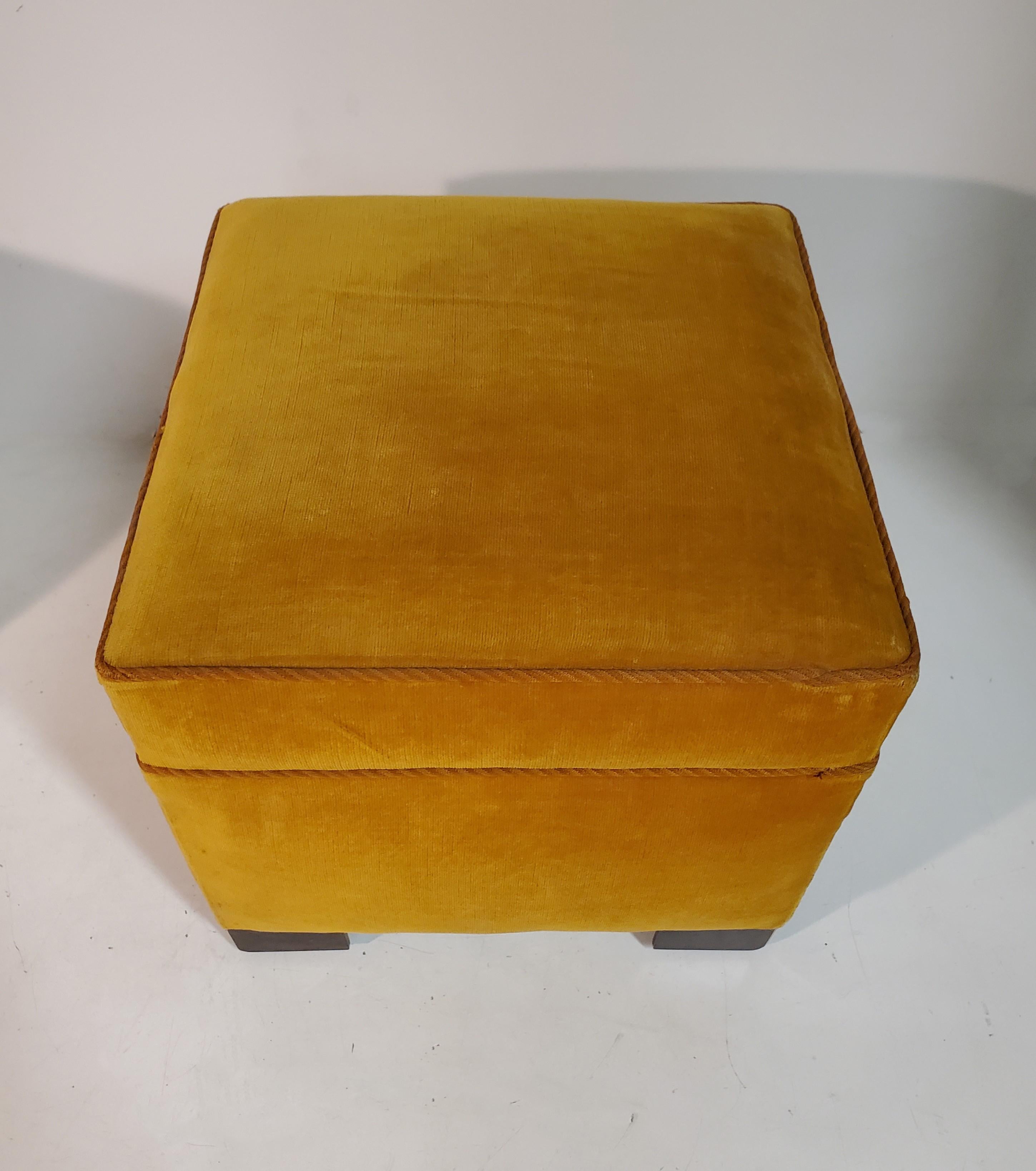 Pair of Square Mid Century Upholstered Ottomans/ Footstools W/ Wooden Cube Feet  For Sale 3