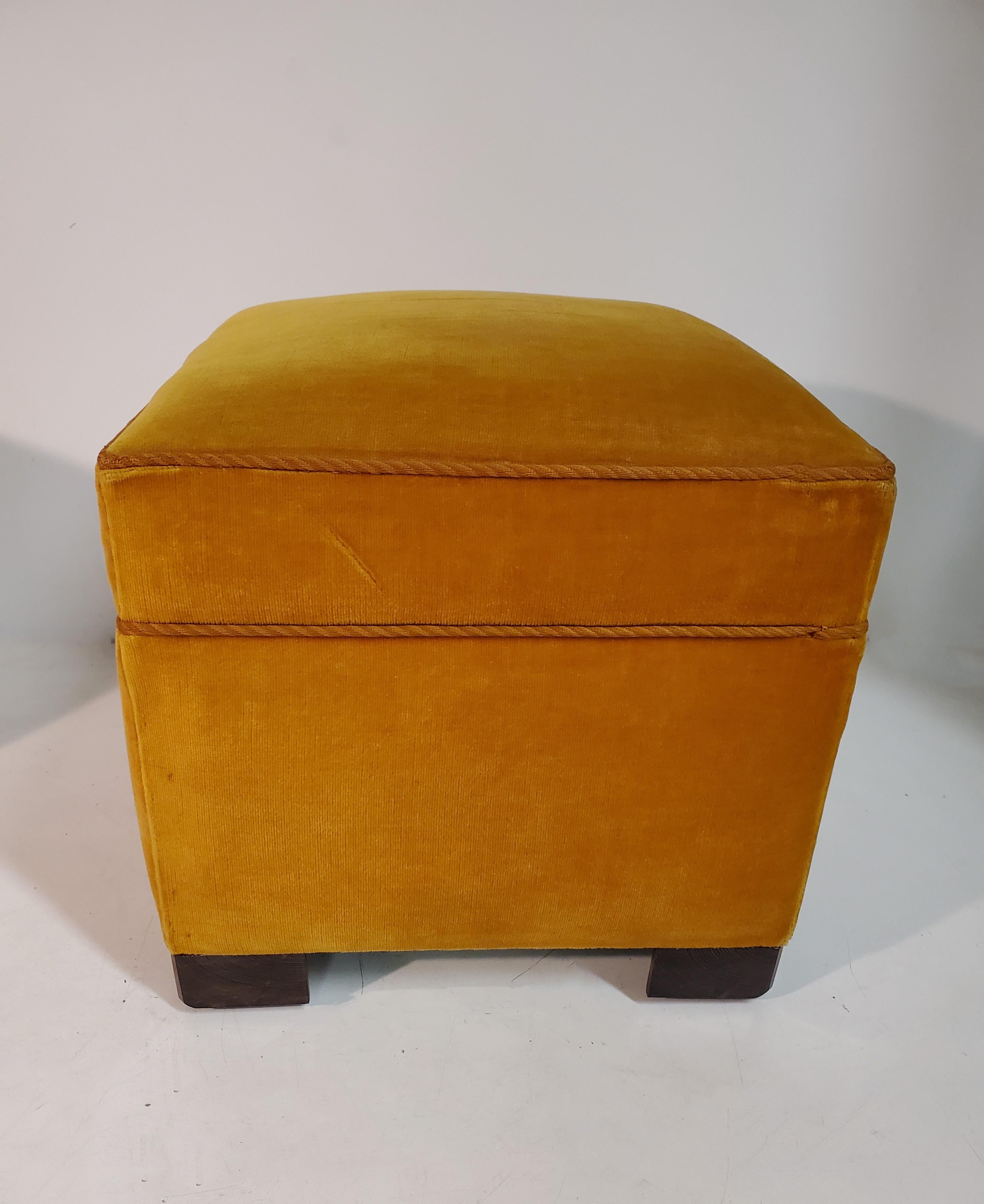Pair of Square Mid Century Upholstered Ottomans/ Footstools W/ Wooden Cube Feet  For Sale 4