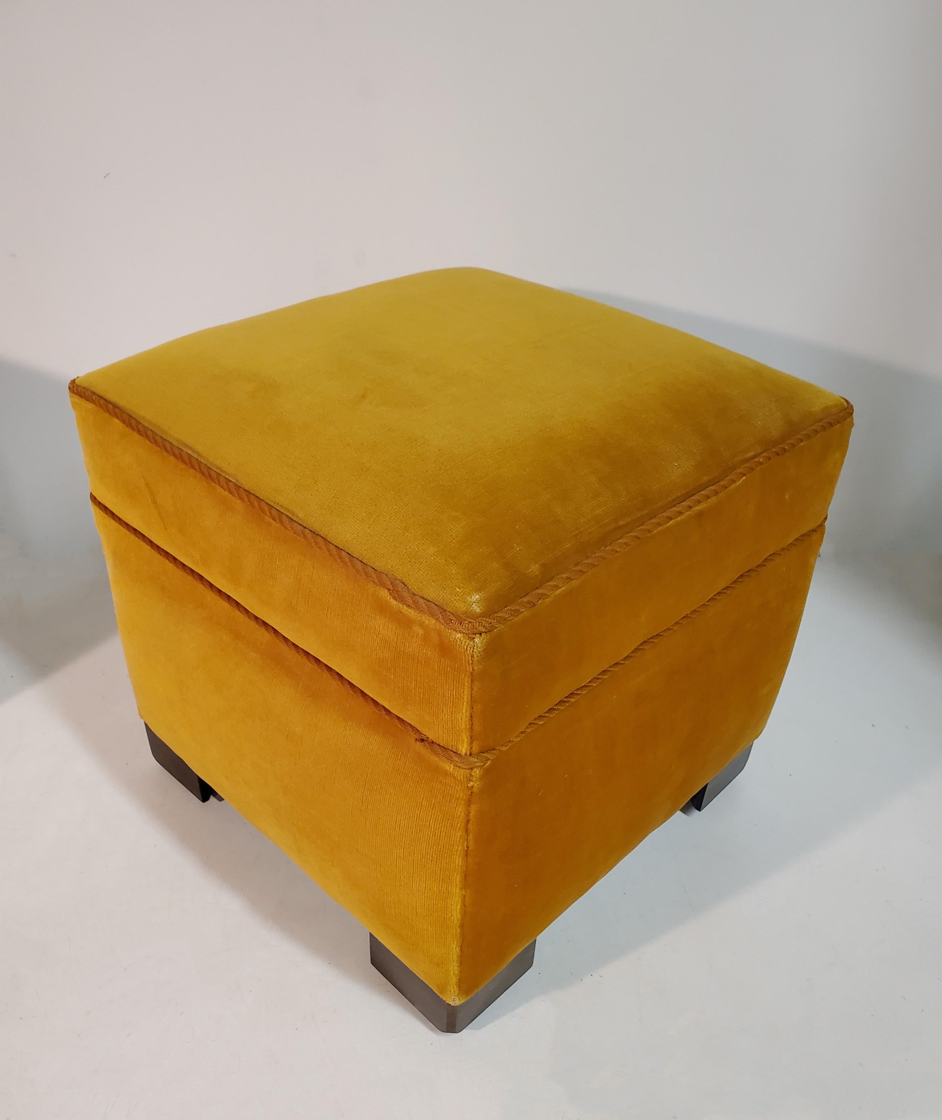 Pair of Square Mid Century Upholstered Ottomans/ Footstools W/ Wooden Cube Feet 5