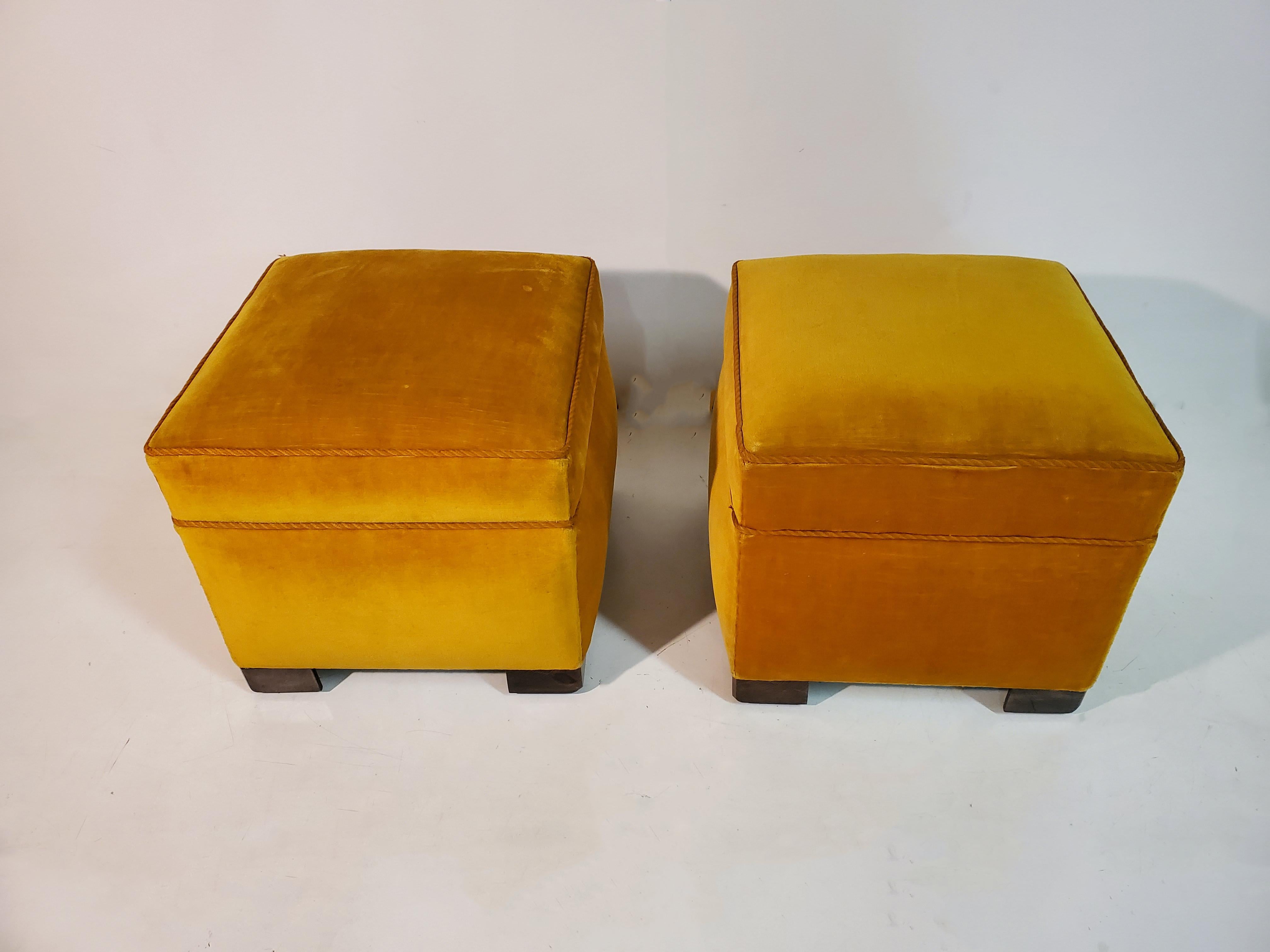 Mid-Century Modern Pair of Square Mid Century Upholstered Ottomans/ Footstools W/ Wooden Cube Feet  For Sale