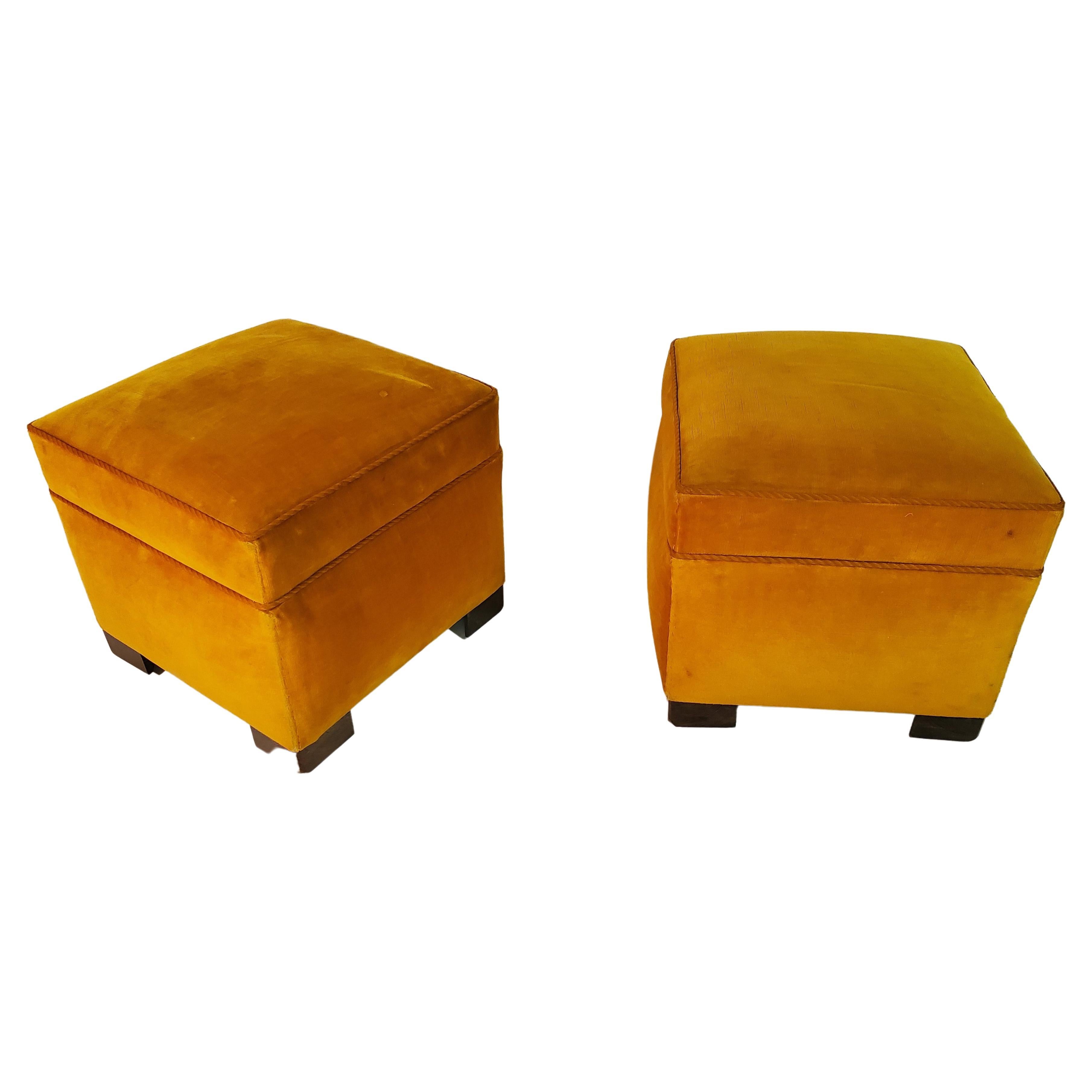 Pair of Square Mid Century Upholstered Ottomans/ Footstools W/ Wooden Cube Feet  For Sale