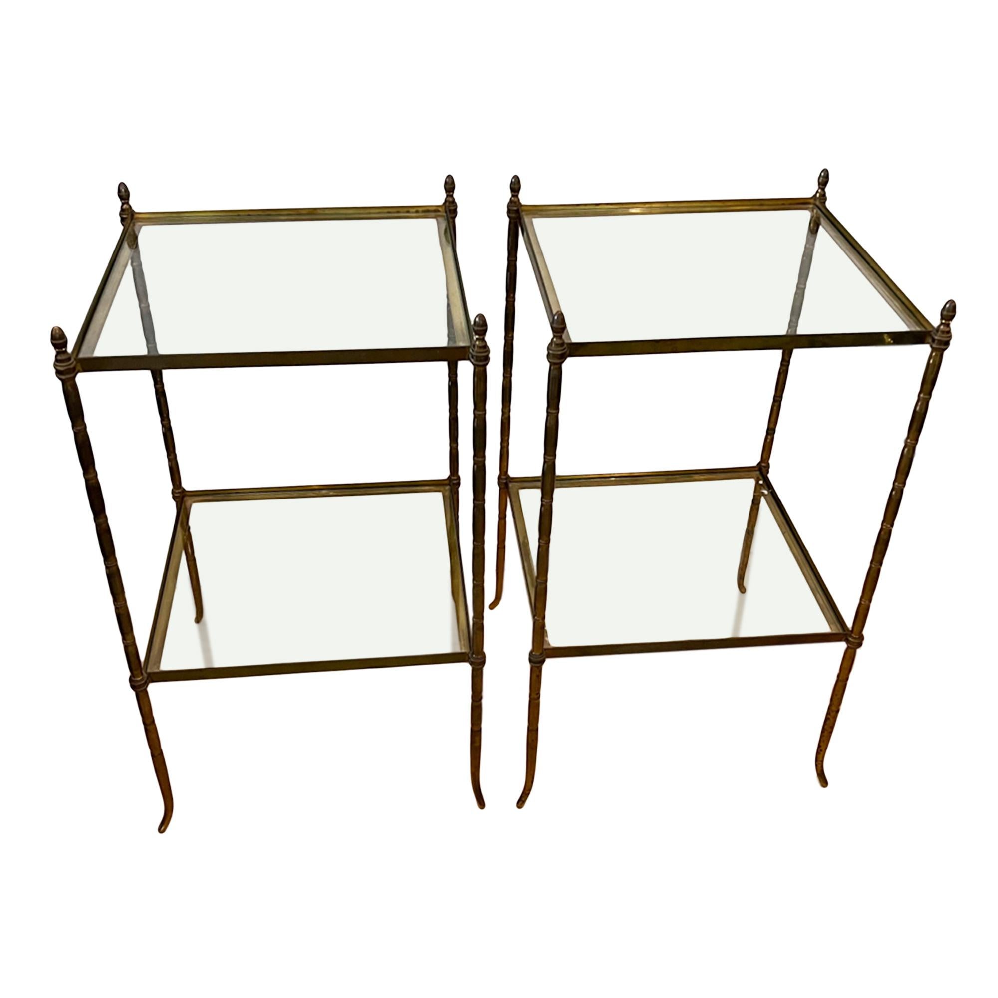 An attractive pair of brass faux bamboo square side tables made in France in the 1960s. 

Lovely acorn finials and elegant feet - please take a look at all our pictures. 

The top shelf is 60cm and the bottom shelf is 24cm. Height to the top of