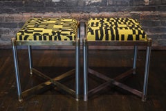 Pair of Square Midcentury Stools with Metal Frame by Weiman