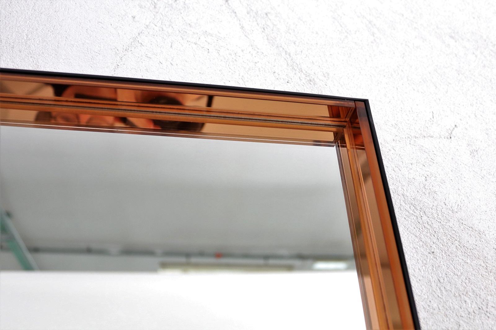 Pair of Square Midcentury Wall Mirrors in Pink Glass and Aluminum, Frame, 1960s 3