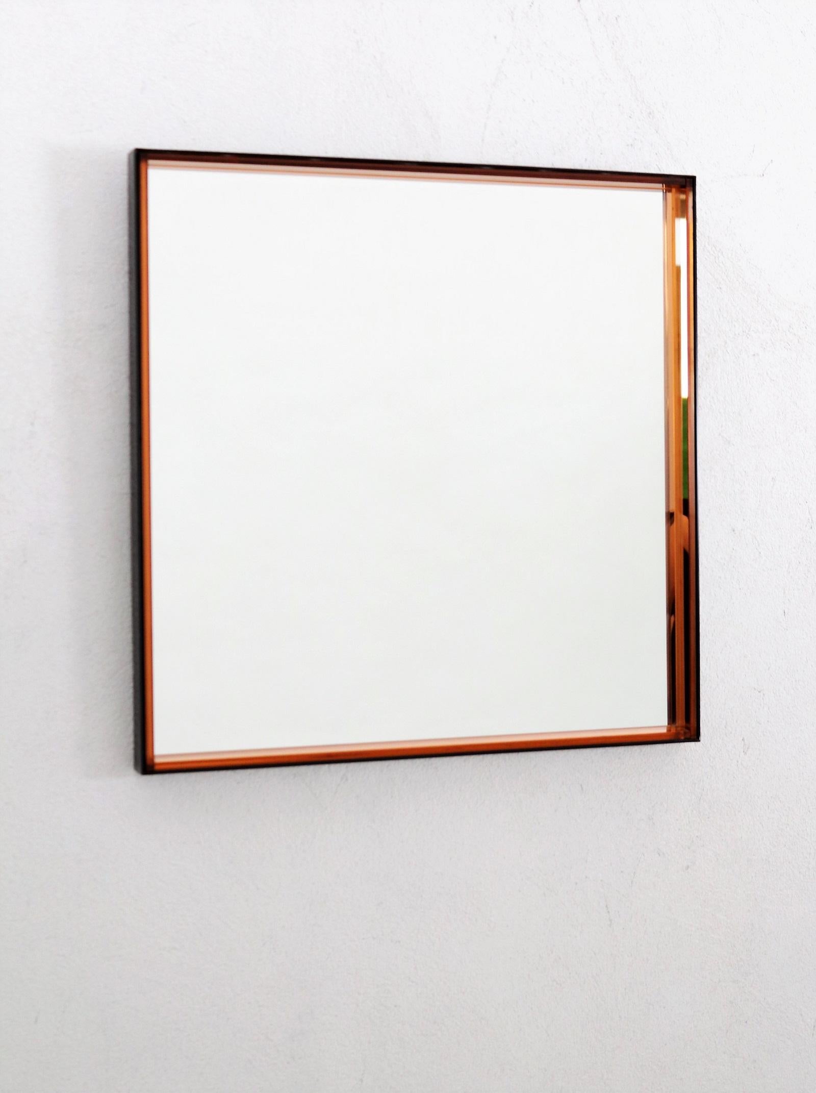 Pair of Square Midcentury Wall Mirrors in Pink Glass and Aluminum, Frame, 1960s 8