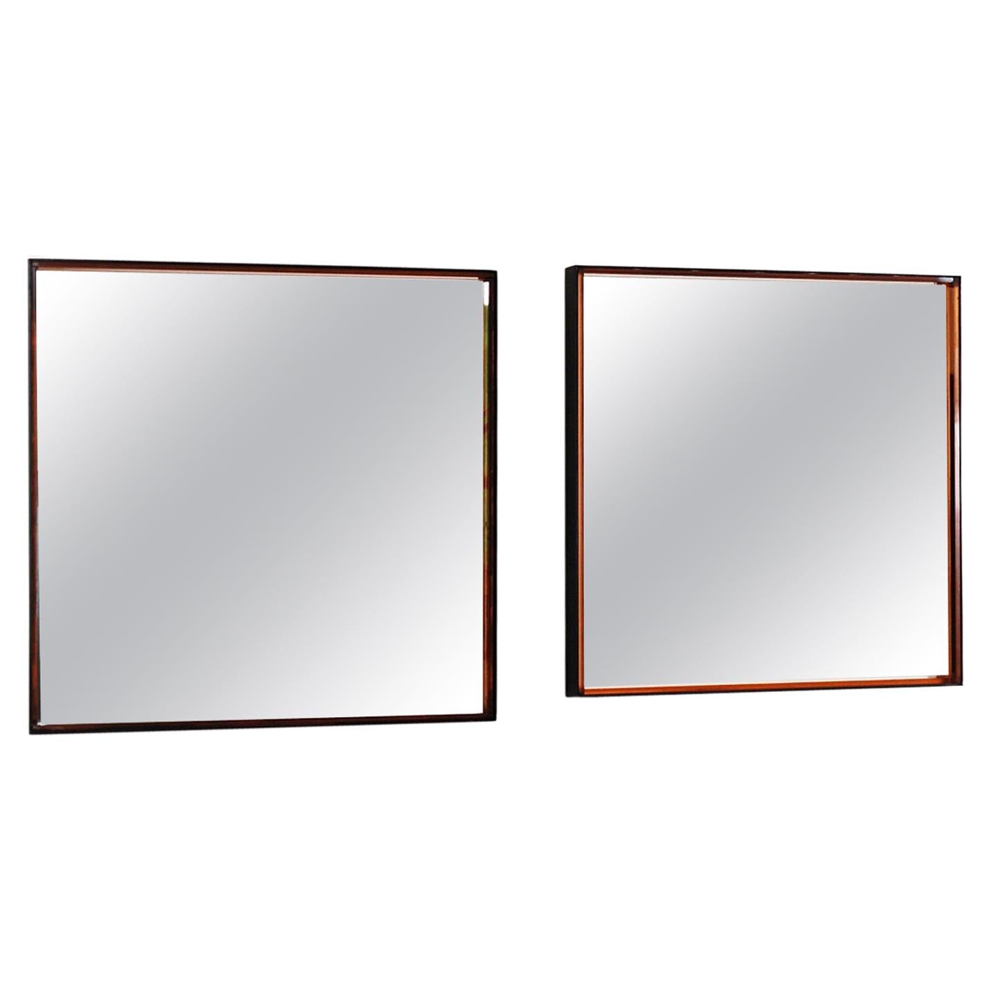 Pair of Square Midcentury Wall Mirrors in Pink Glass and Aluminum, Frame, 1960s