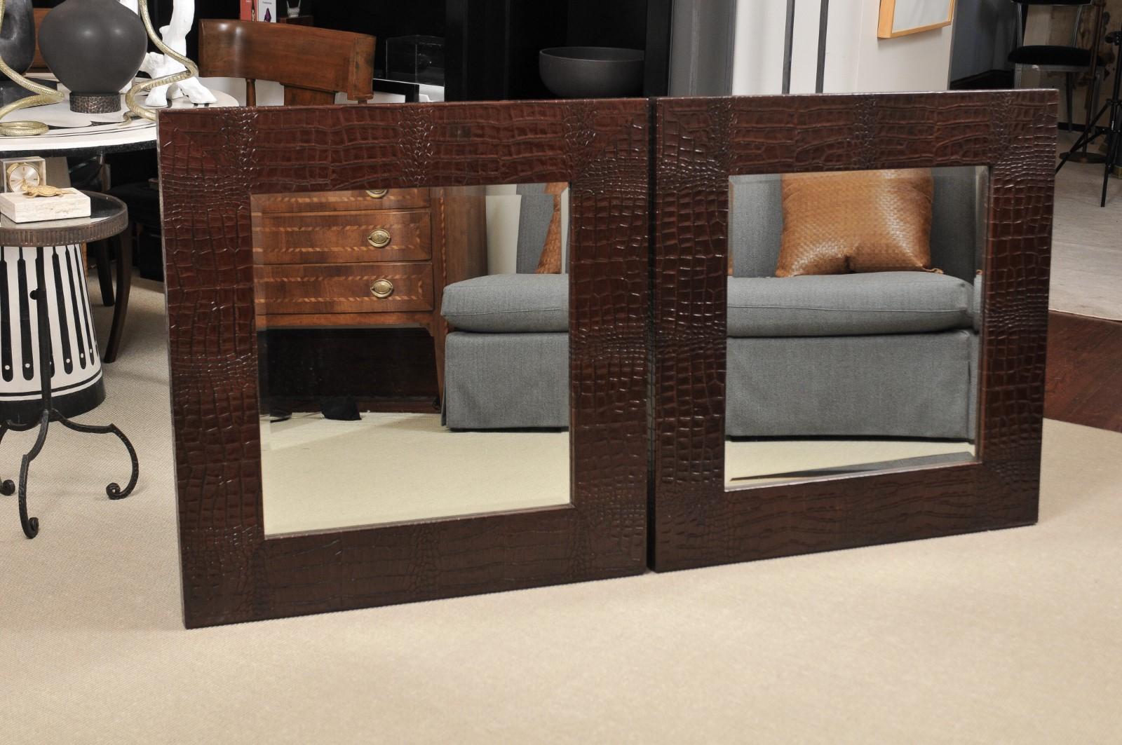 Pair of Square Mirrors with dark brown Crocodile surrounds For Sale 5