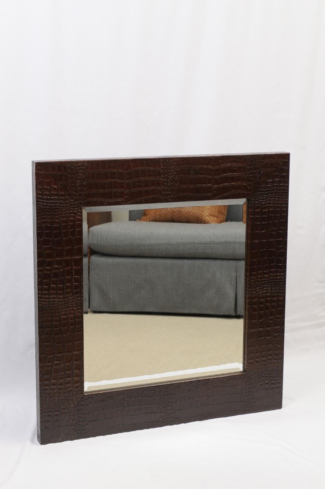 Pair of Square Mirrors with dark brown Crocodile surrounds For Sale 6