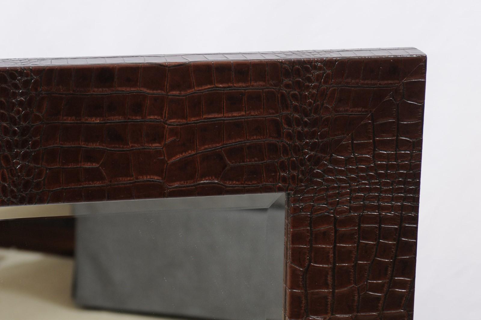 Pair of Square Mirrors with dark brown Crocodile surrounds For Sale 8