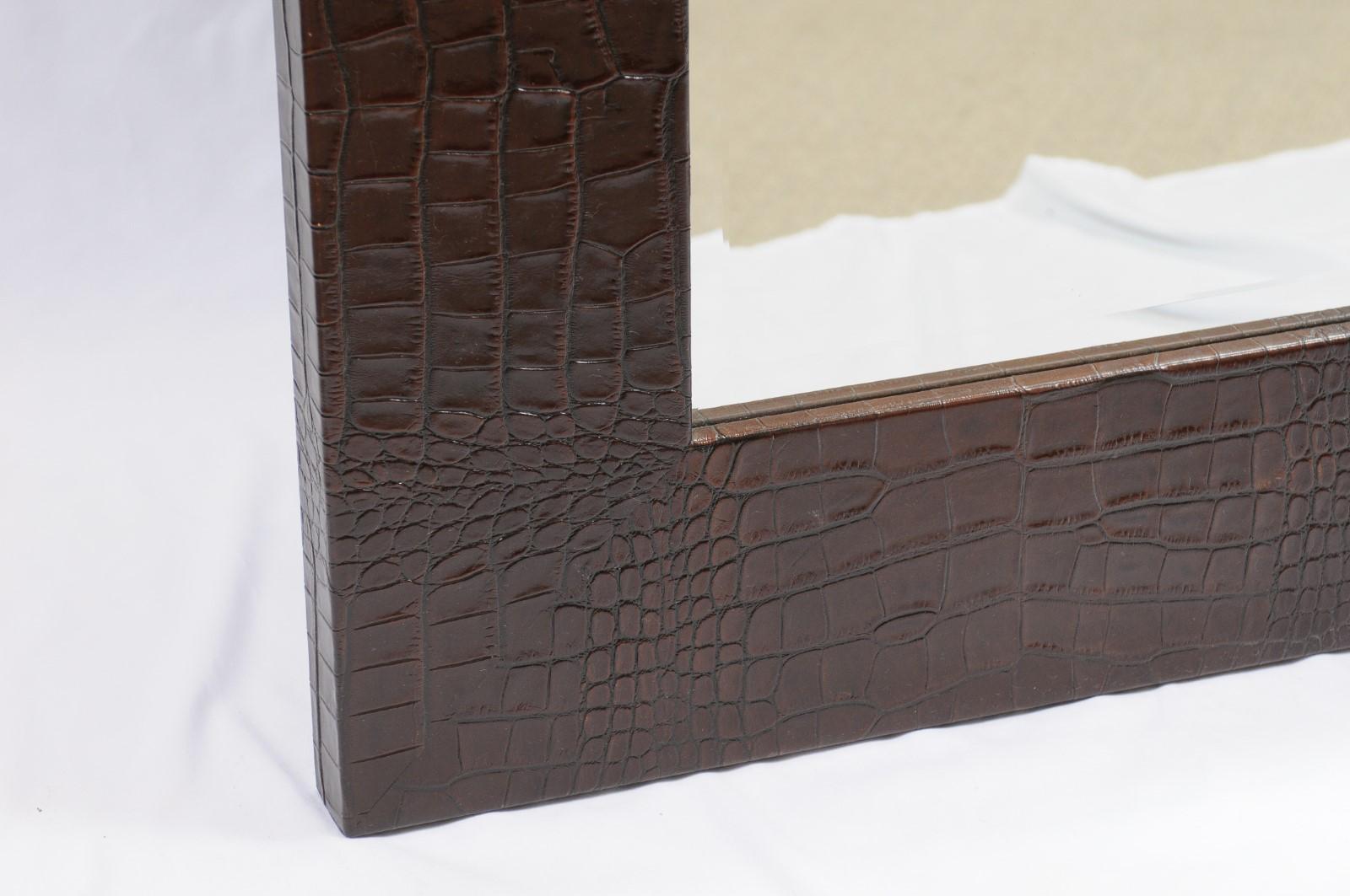 Pair of Square Mirrors with dark brown Crocodile surrounds For Sale 9