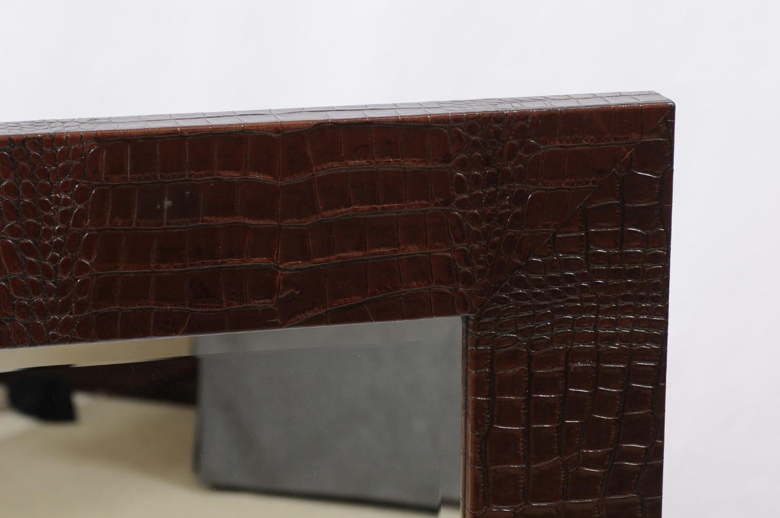 Pair of Square Mirrors with dark brown Crocodile surrounds For Sale 1