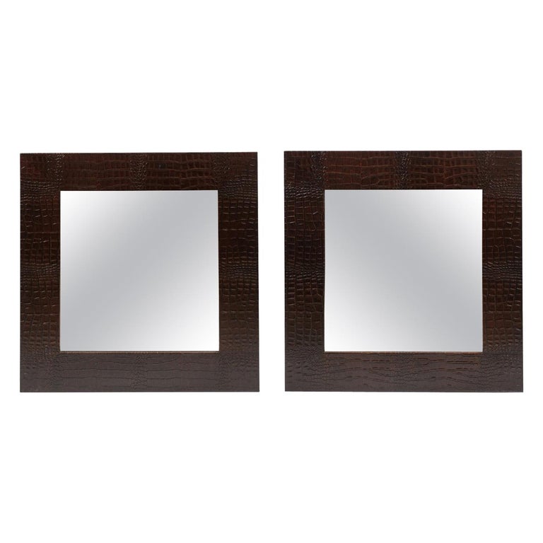Pair of Square Mirrors with dark brown Crocodile surrounds For
