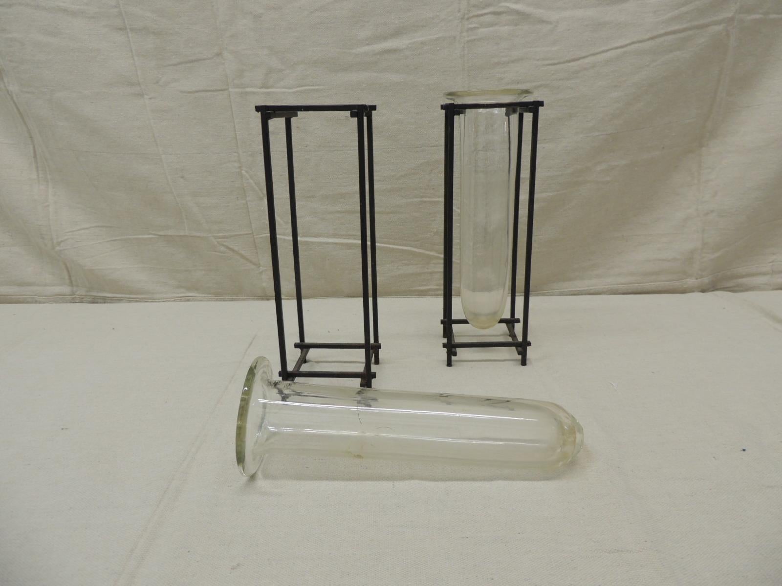 Mid-Century Modern Pair of Square Modern Iron and Glass Vases