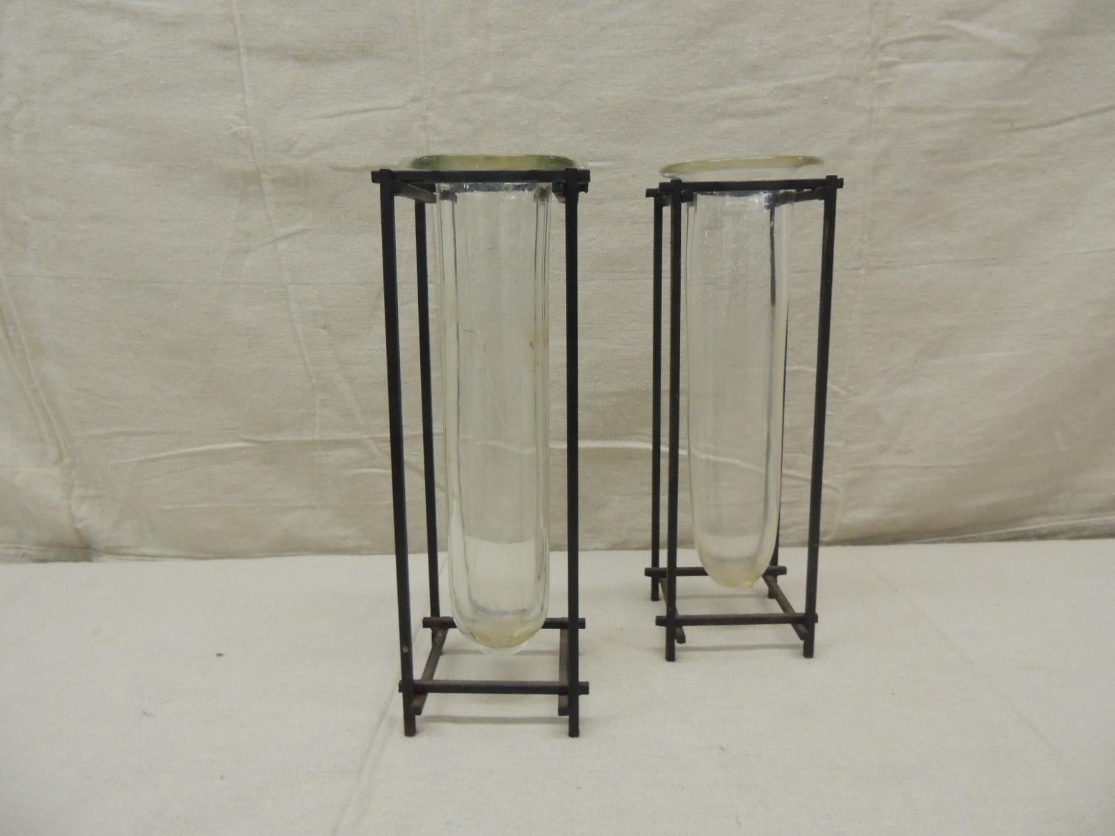 American Pair of Square Modern Iron and Glass Vases