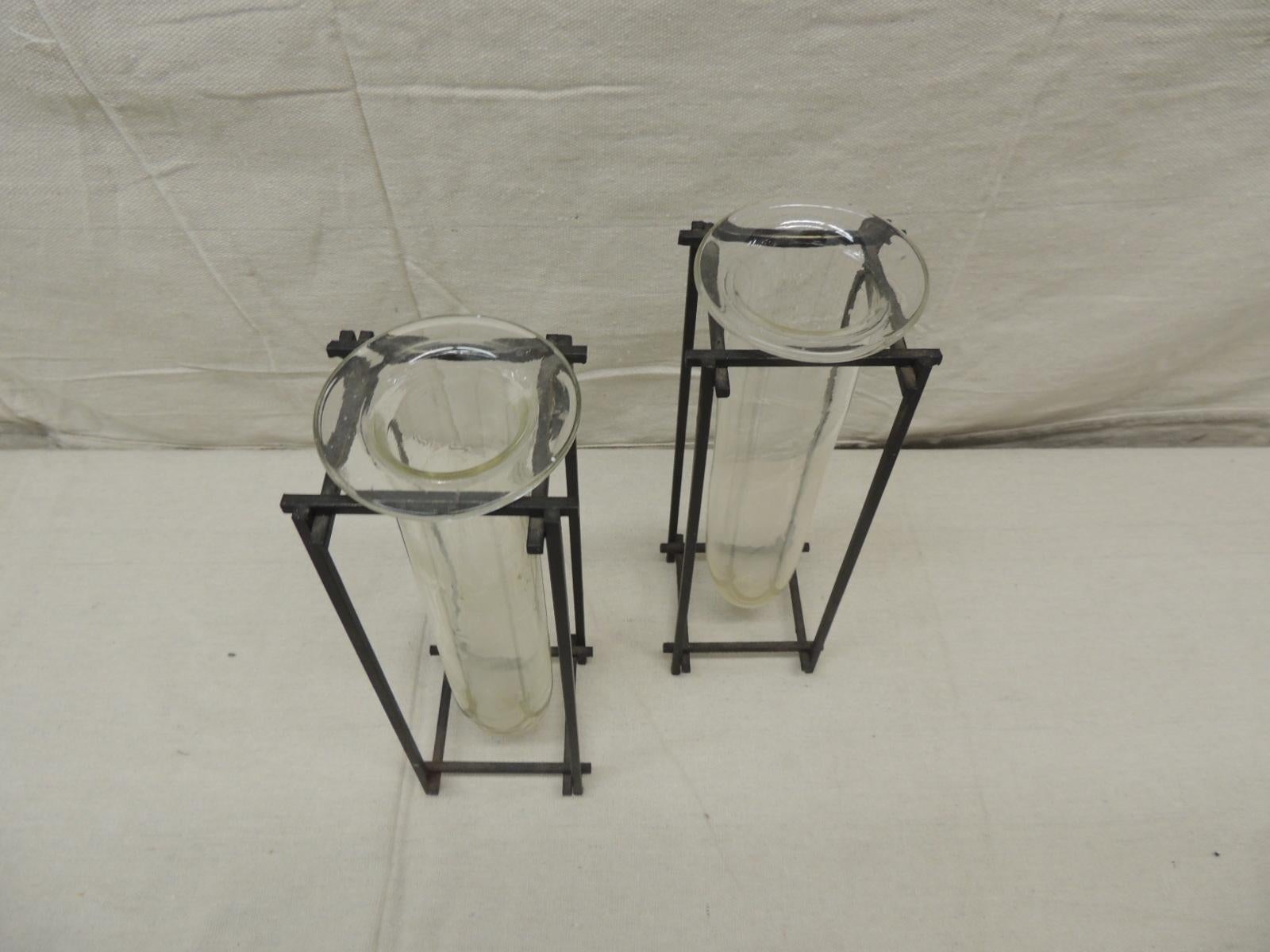 Hand-Crafted Pair of Square Modern Iron and Glass Vases