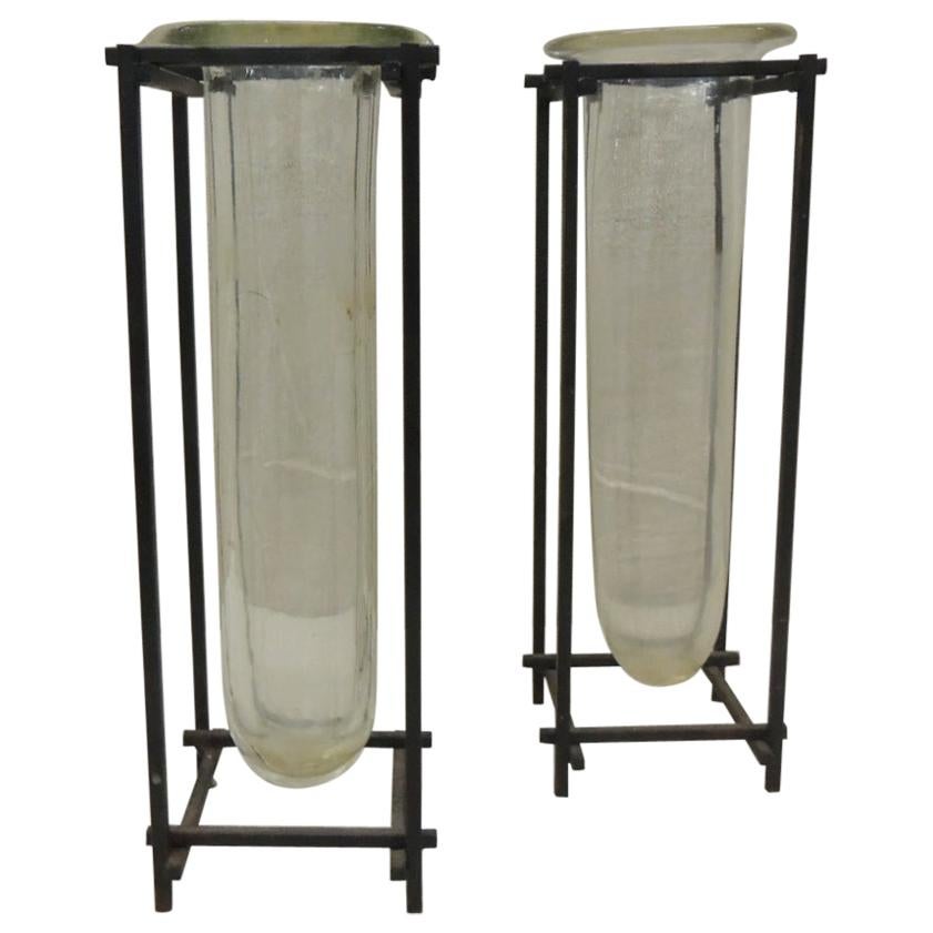 Pair of Square Modern Iron and Glass Vases