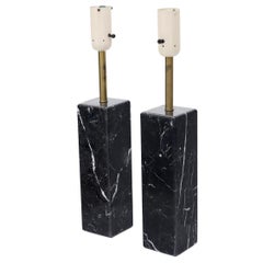 Vintage Pair of Square Pedestal Shape Black Marble and Brass Table Lamps