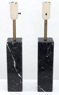 Pair of Square Pedestal Shape Black Marble and Brass Table Lamps