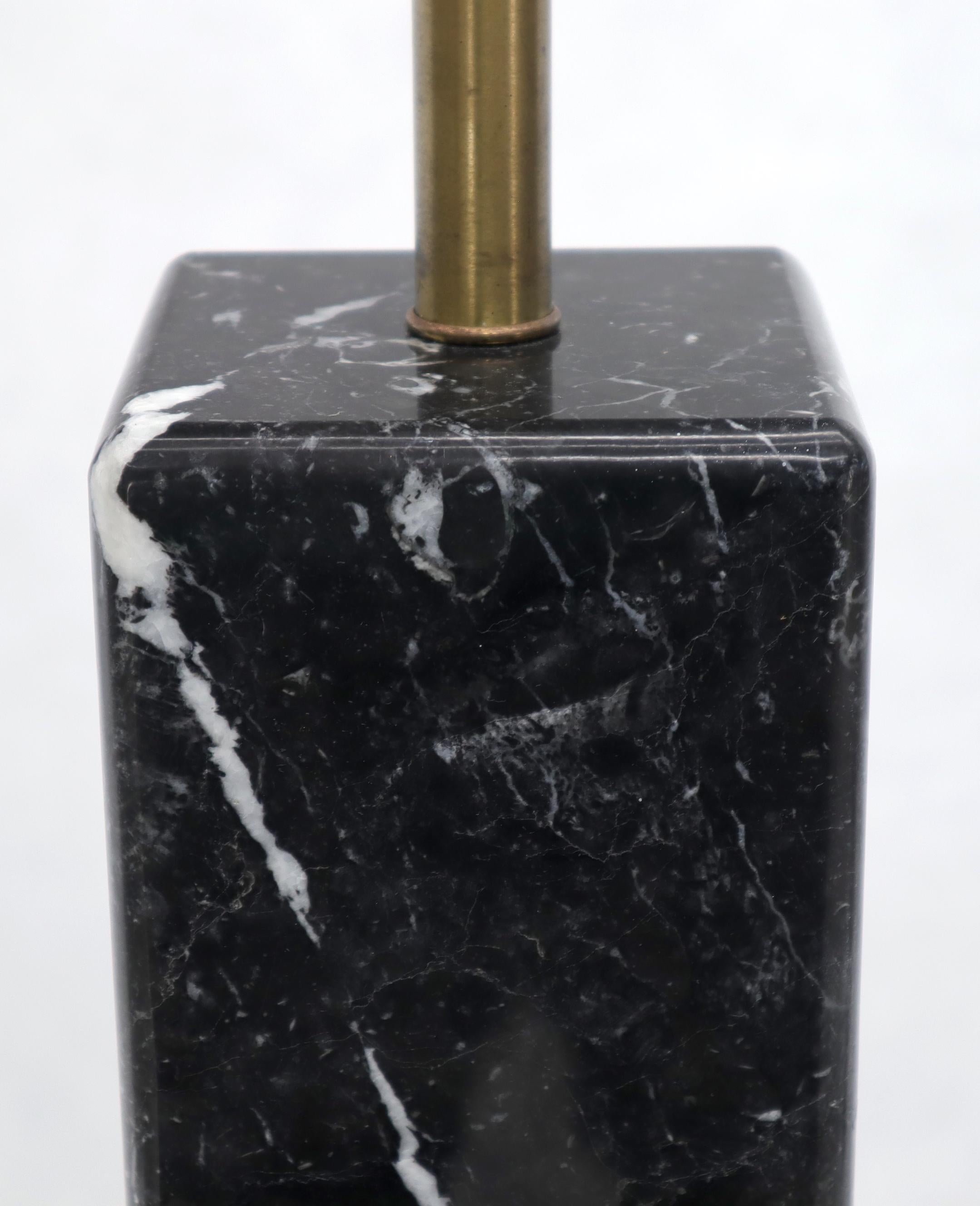 Pair of Square Pedestal Shape Black Marble and Brass Table Lamps For Sale 2