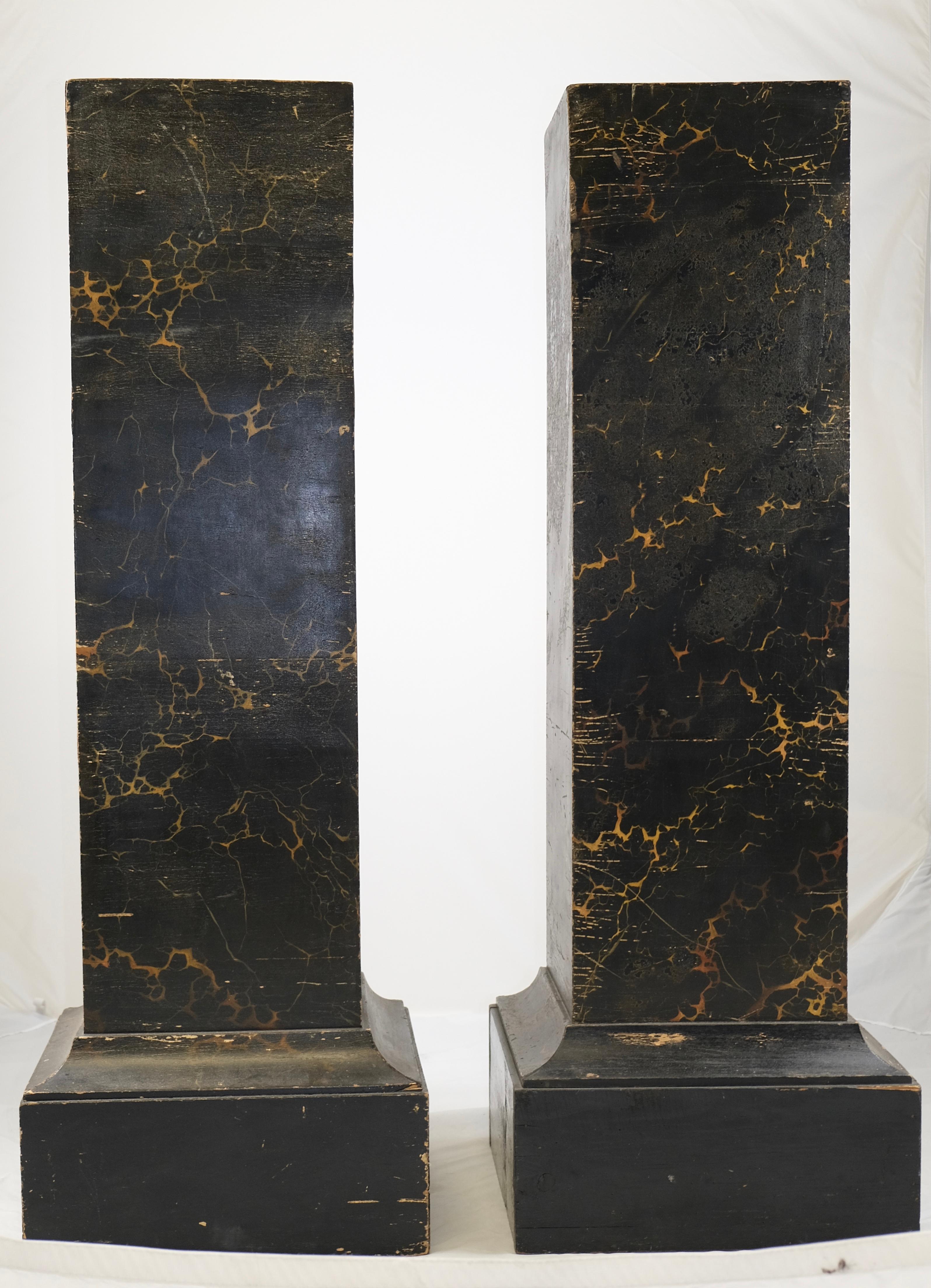 19th Century Pair of square Pillars, original Marble-Imitation painted  Wood. Early 19th C. For Sale