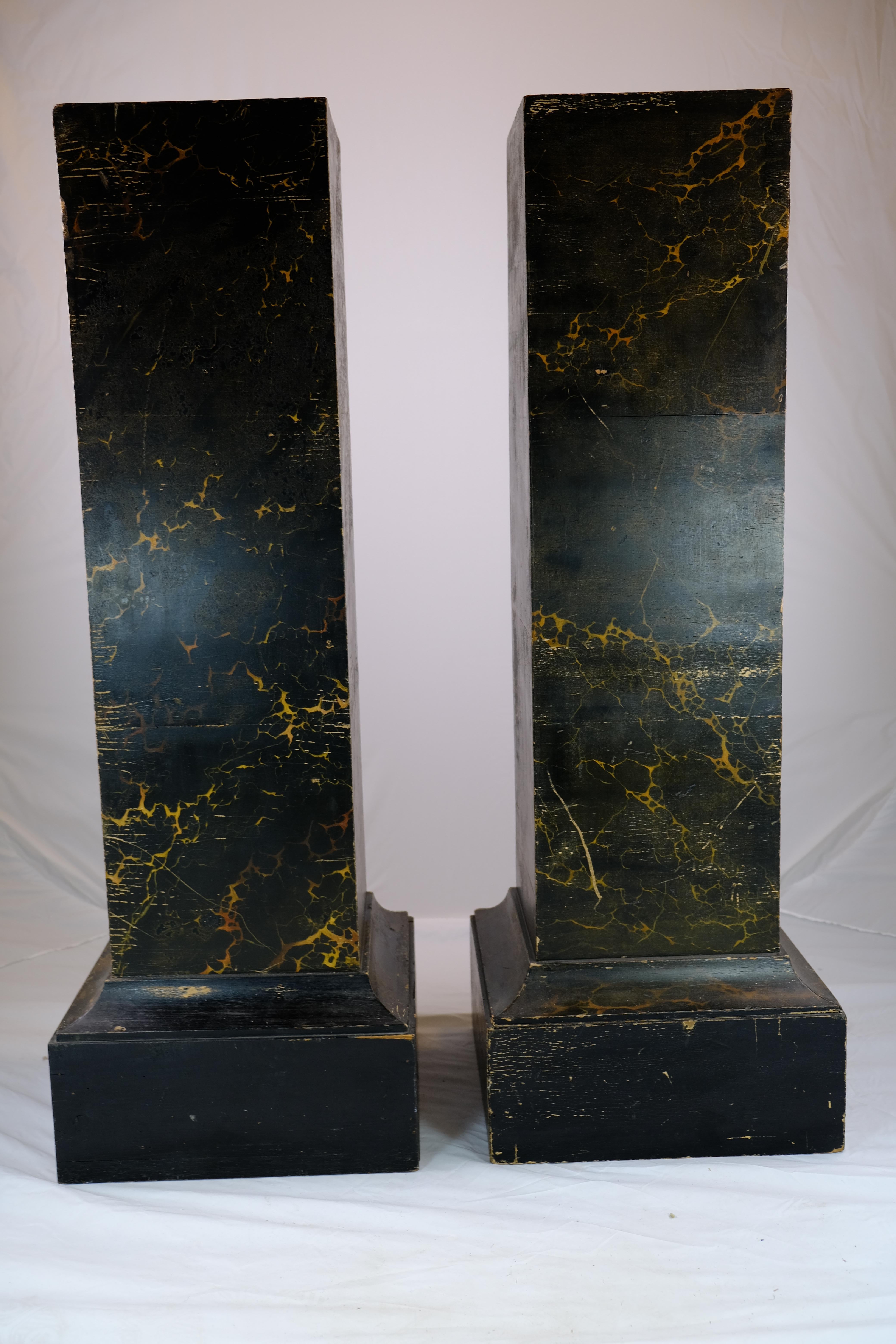 French Pair of square Pillars, original Marble-Imitation painted  Wood. Early 19th C. For Sale