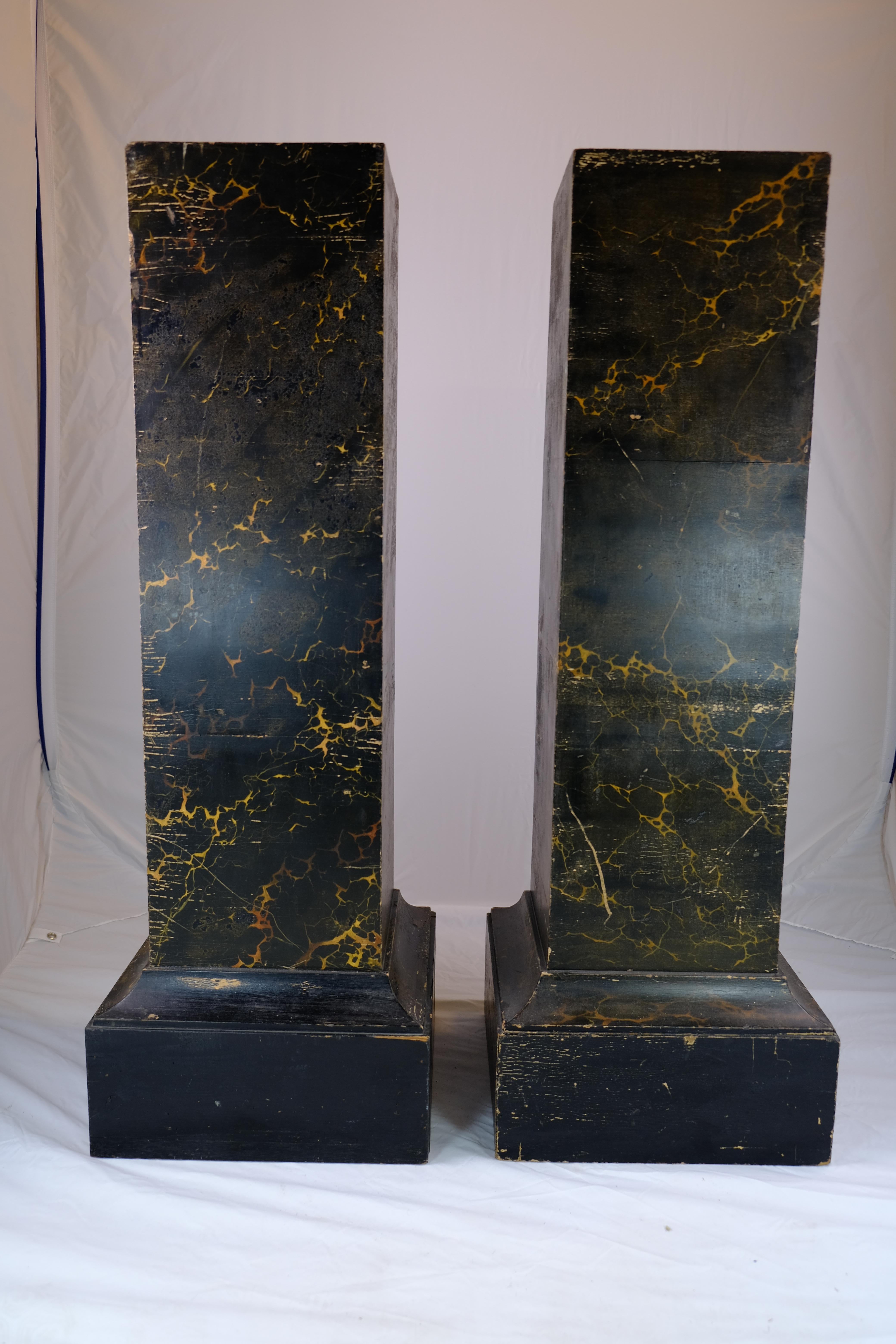 French Pair of square Pillars, original Marble-Imitation painted  Wood. Early 19th C. For Sale