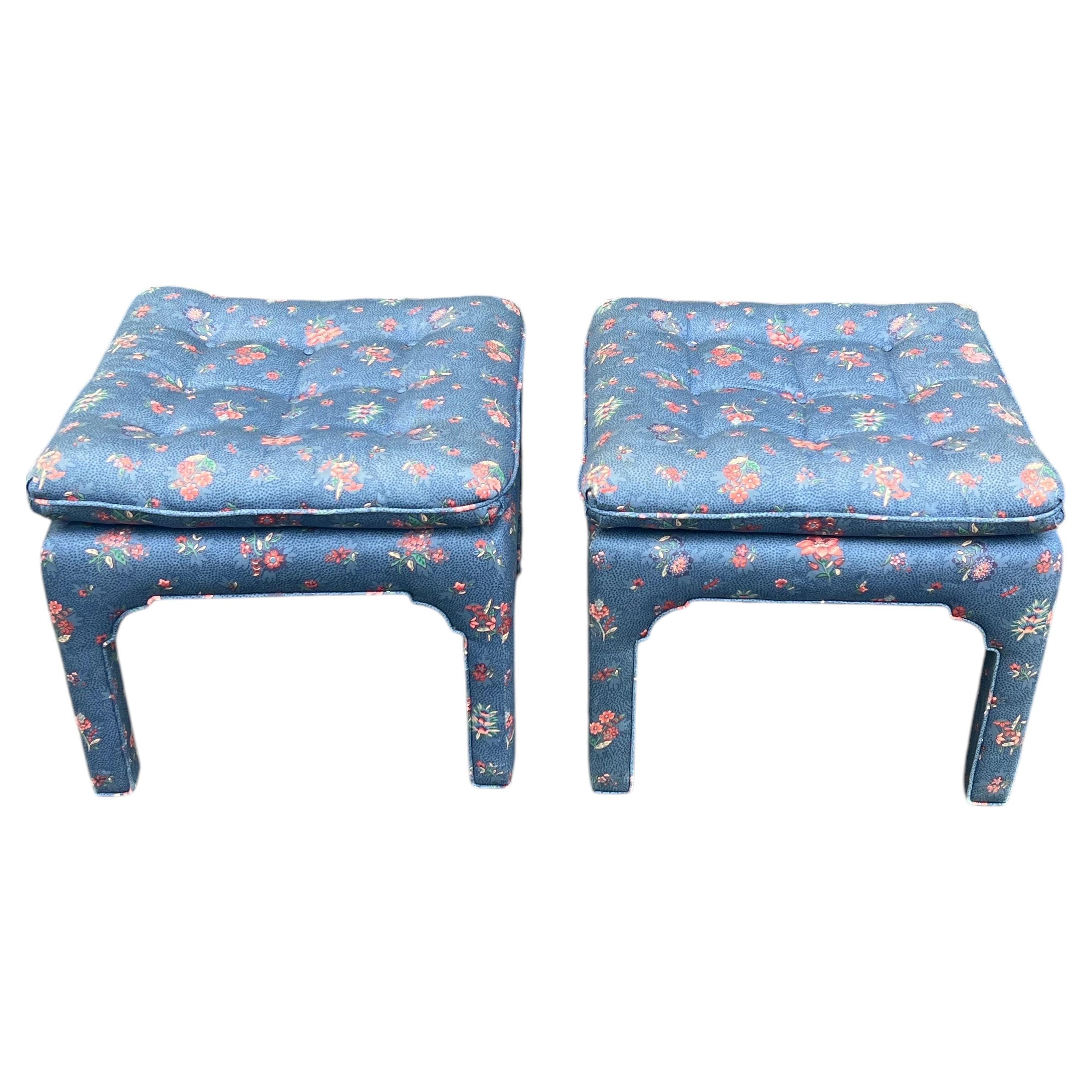 Pair of Square Pillow Top Tufted Billy Baldwin Parson Ottomans For Sale