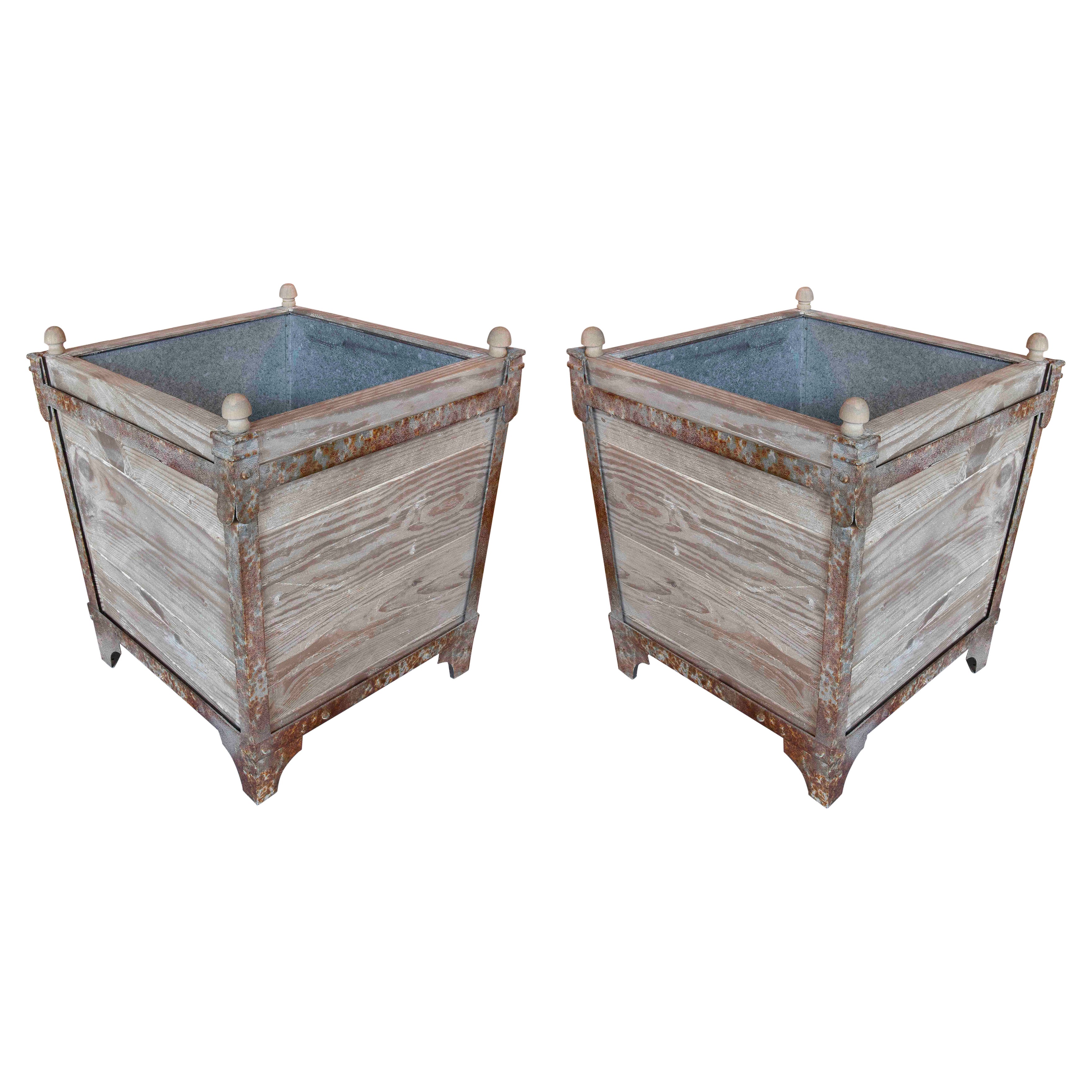 Pair of Square Planters in Wood and Iron with an Aged Finish