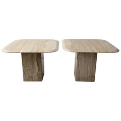 Pair of Square Polished Italian Travertine Side Tables