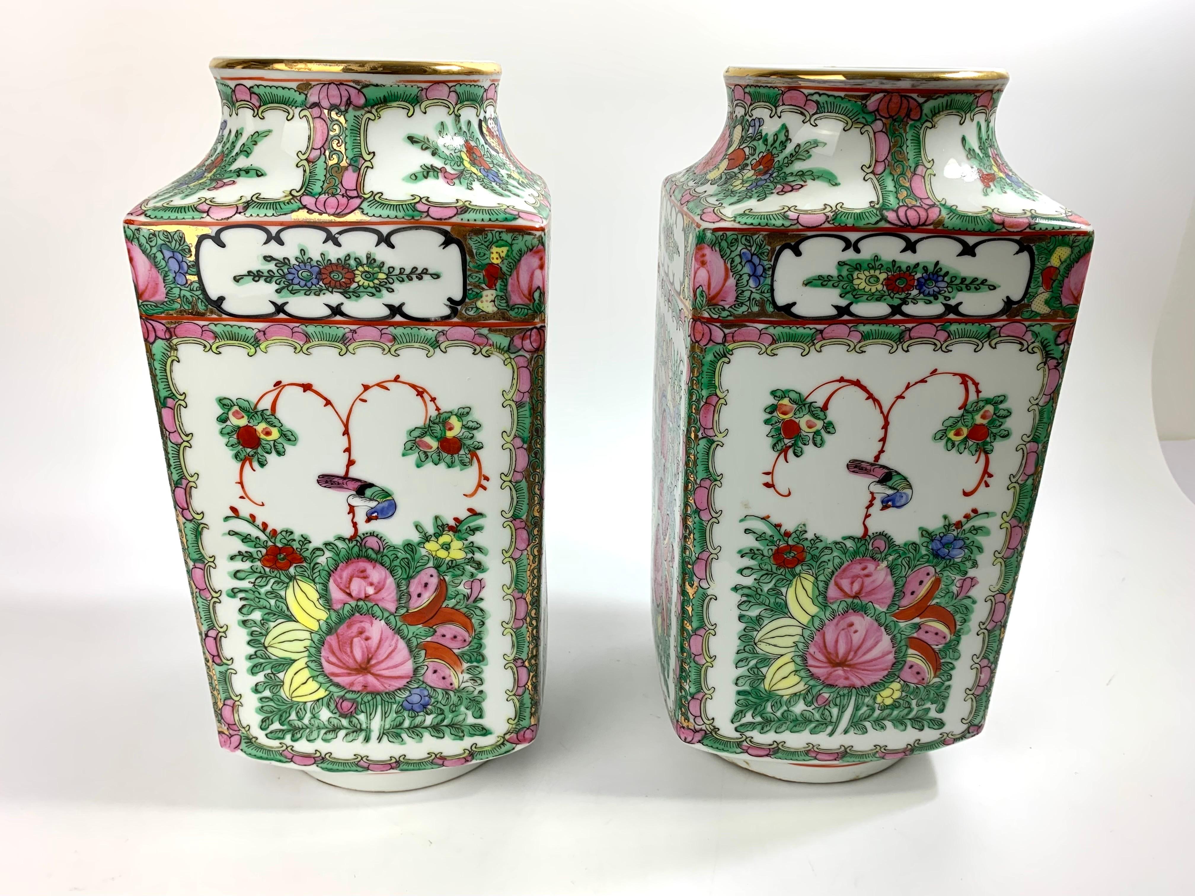 Pair of Square Rose Canton Porcelain Vase Table Lamp Bases Famille Rose In Good Condition For Sale In Springfield, VA
