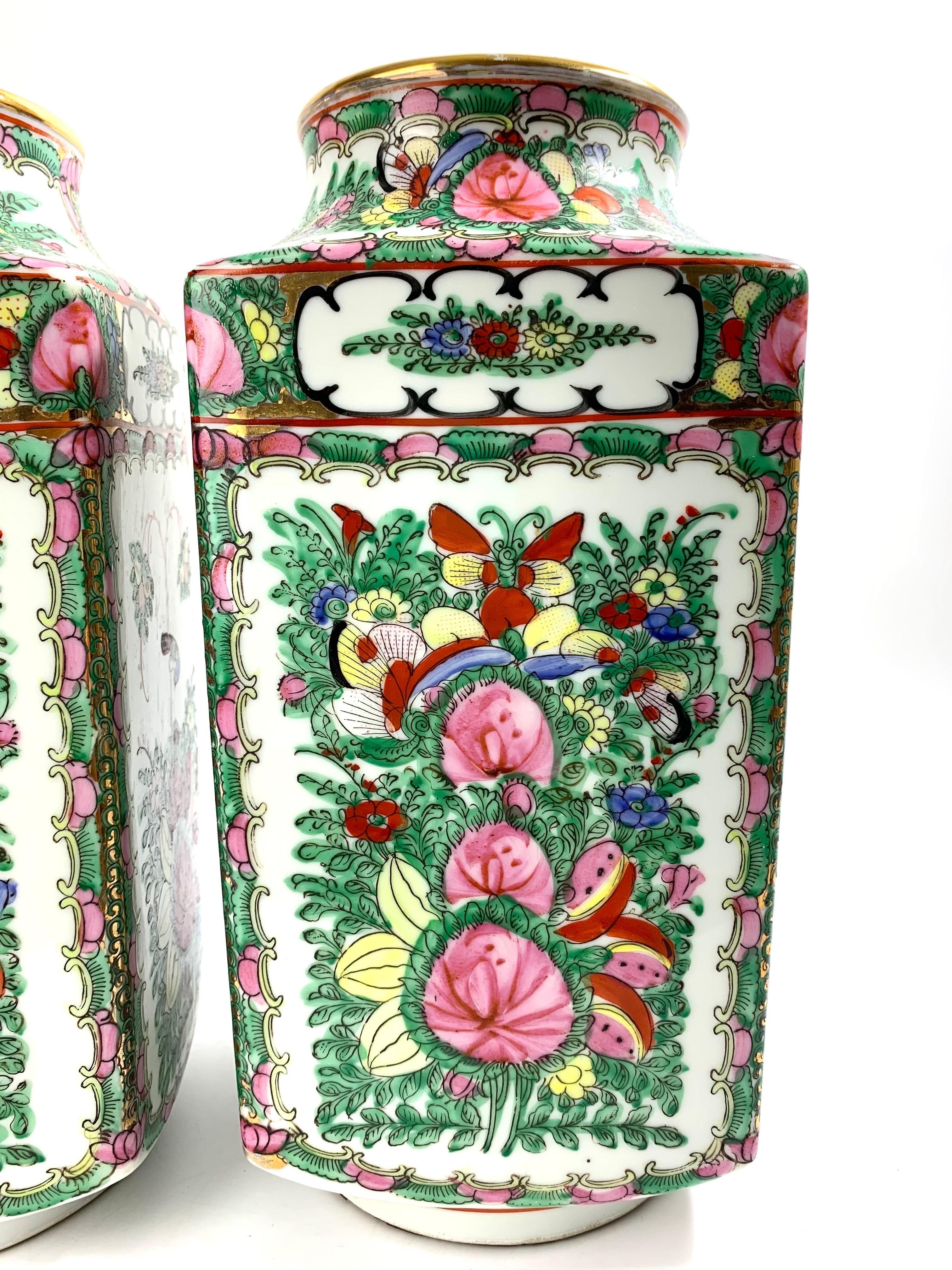 Pair of Square Rose Canton Porcelain Vase Table Lamp Bases Famille Rose For Sale 1