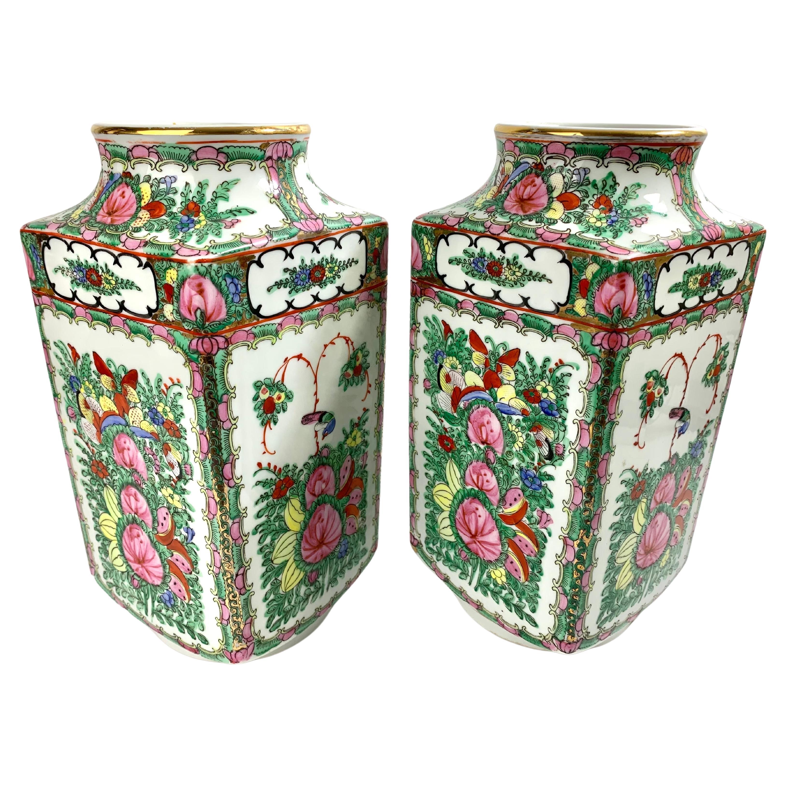 Pair of Square Rose Canton Porcelain Vase Table Lamp Bases Famille Rose For Sale