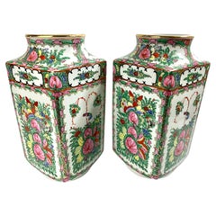 Retro Pair of Square Rose Canton Porcelain Vase Table Lamp Bases Famille Rose