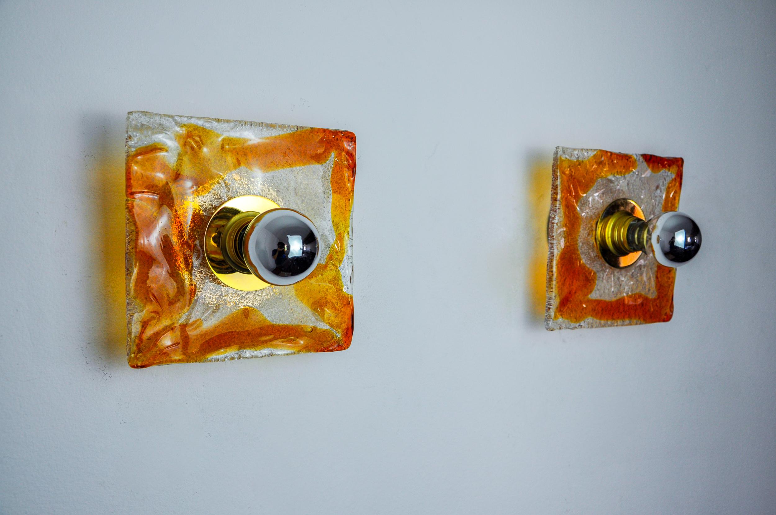 Italian Pair of square sconces by Murano Mazzega in orange frosted glass, Italy, 1970 For Sale