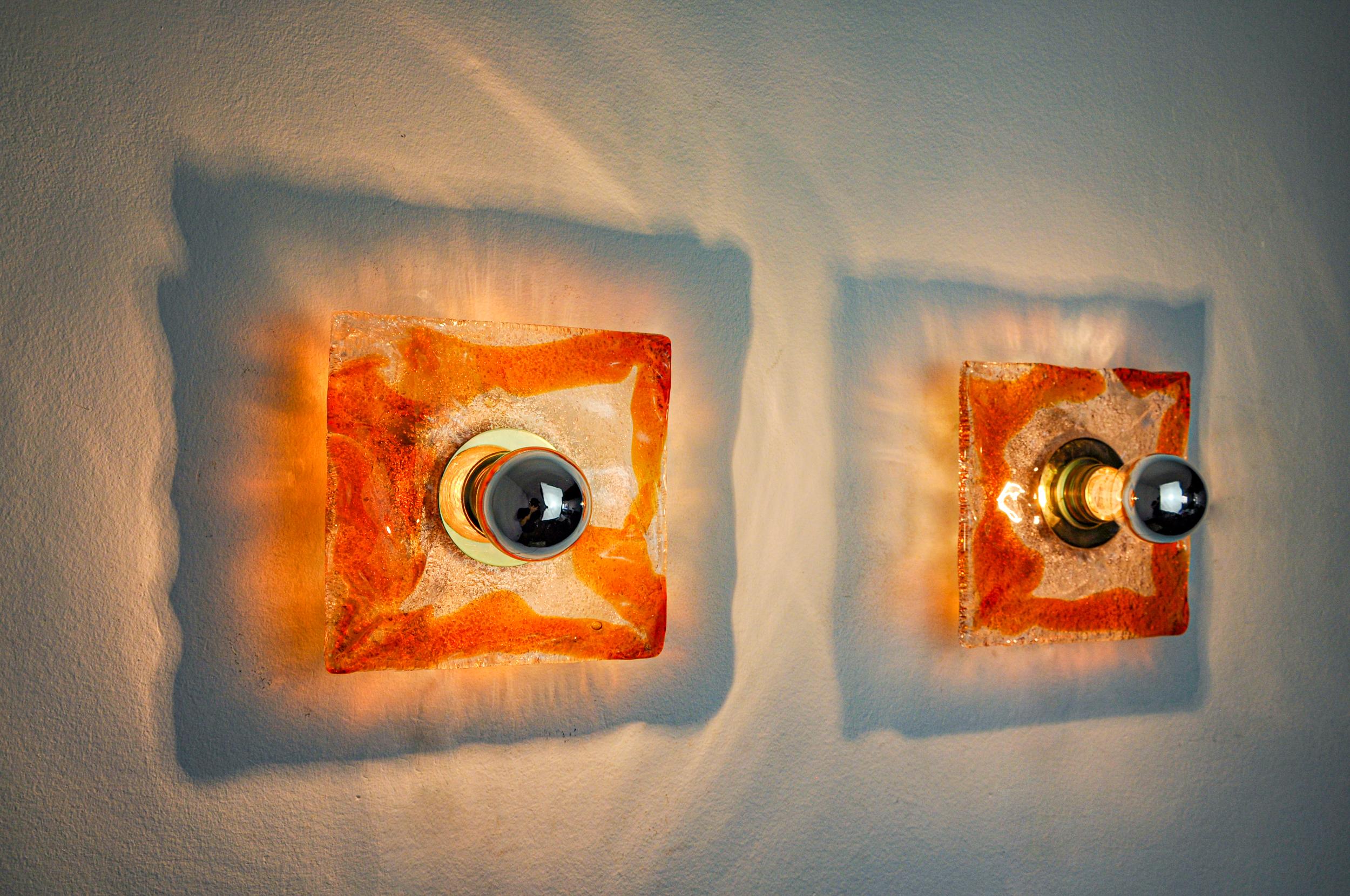 Late 20th Century Pair of square sconces by Murano Mazzega in orange frosted glass, Italy, 1970 For Sale