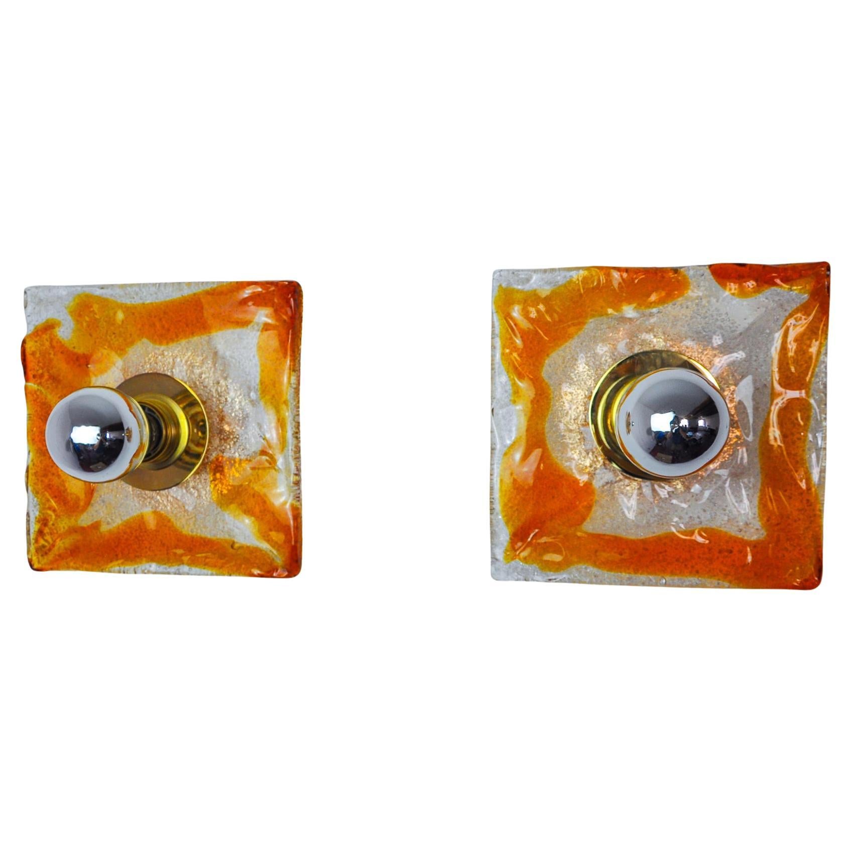 Coppia di appliques quadrate di Mazzega Murano in vetro satinato arancione, Italia, 1970