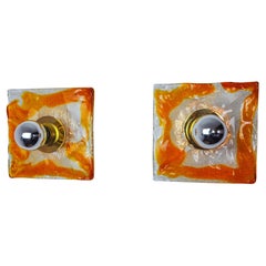 Coppia di appliques quadrate di Mazzega Murano in vetro satinato arancione, Italia, 1970