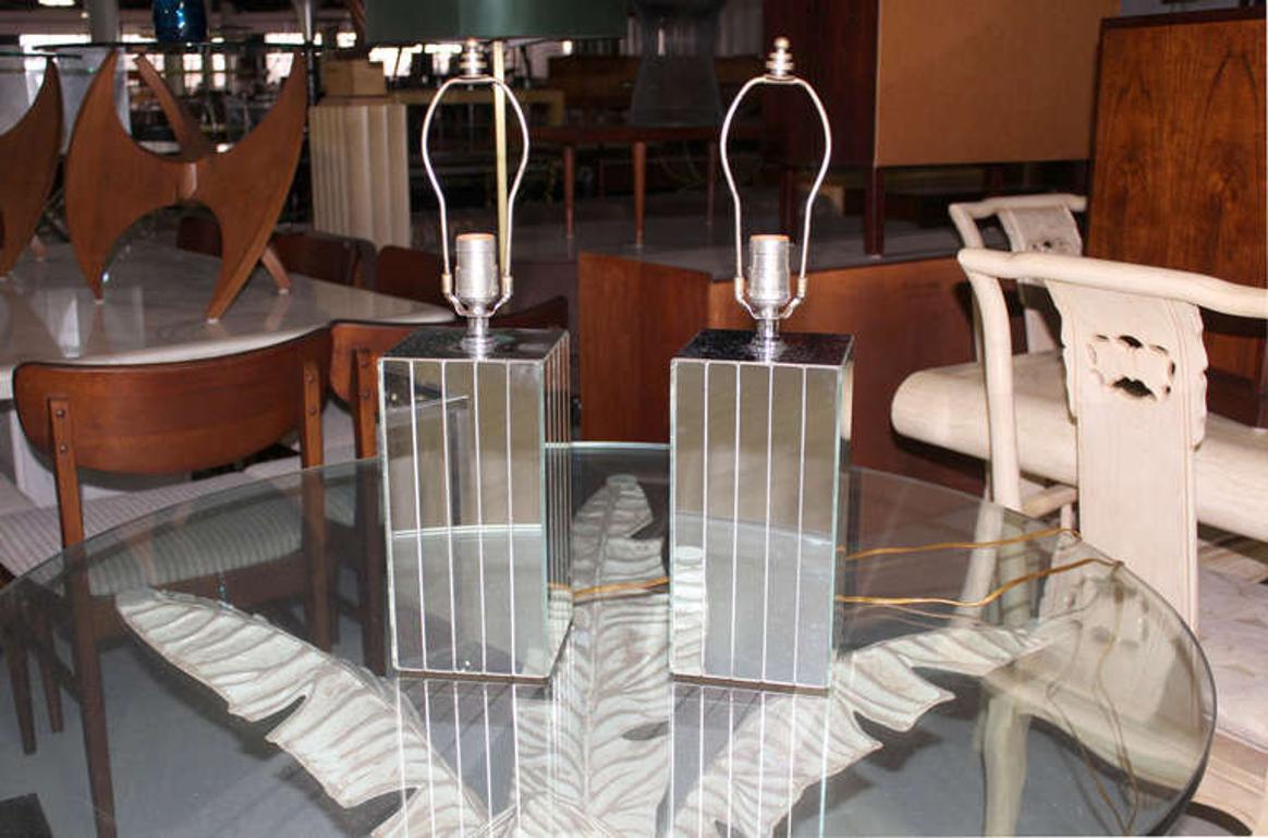 American Pair of Square Sky Scraper Shape Mid-Century Modern Mirrored Table Lamps MINT! For Sale